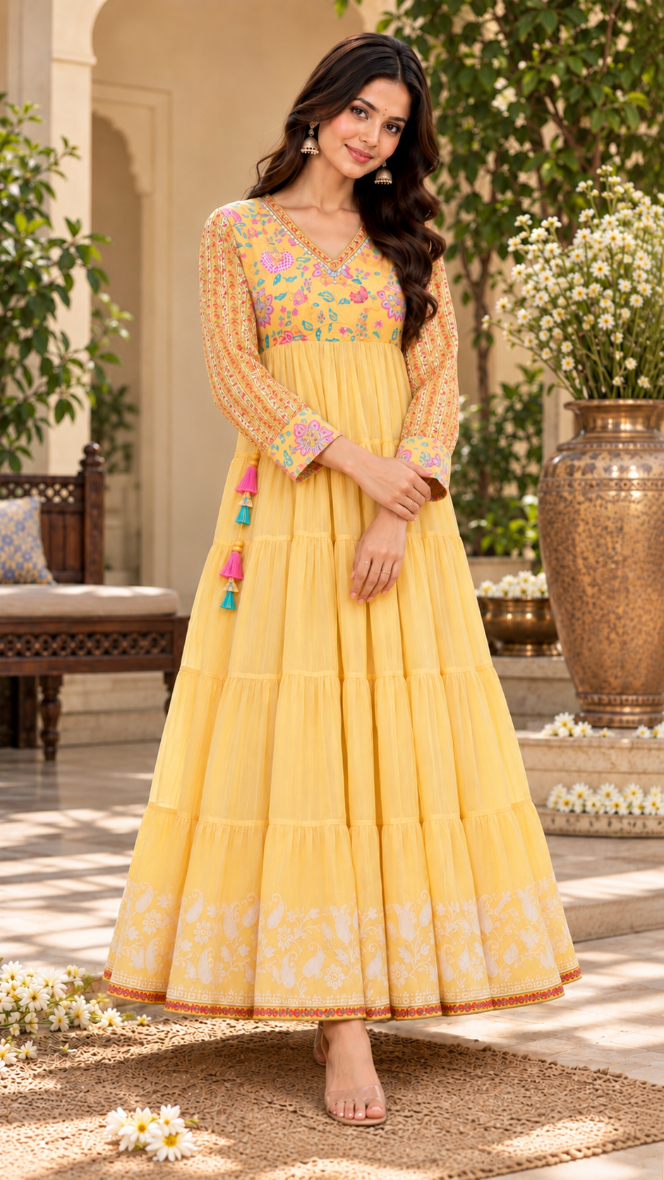Light Yellow Mul Cotton Long Gown