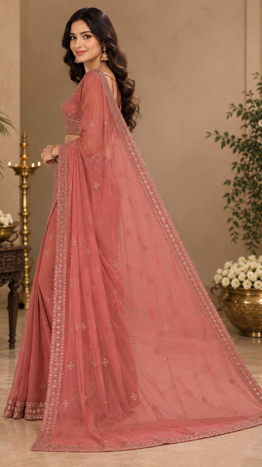 Coral Organza Fancy Saree