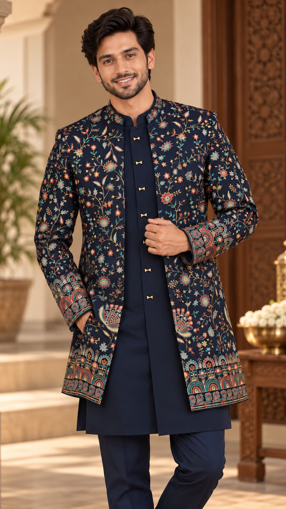 Navy Blue Floral Embroidered Indo-Western Sherwani