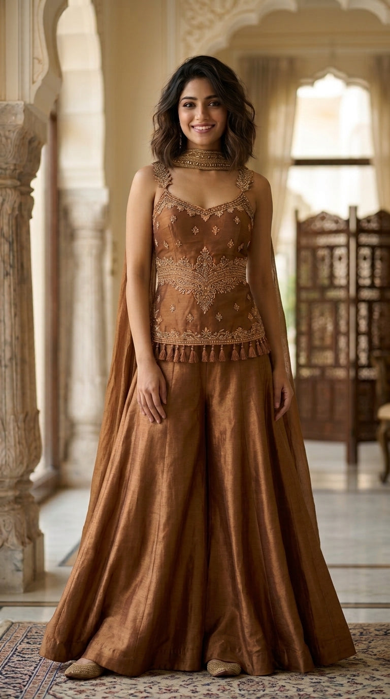 Brown Tissue Silk Sharara Suit