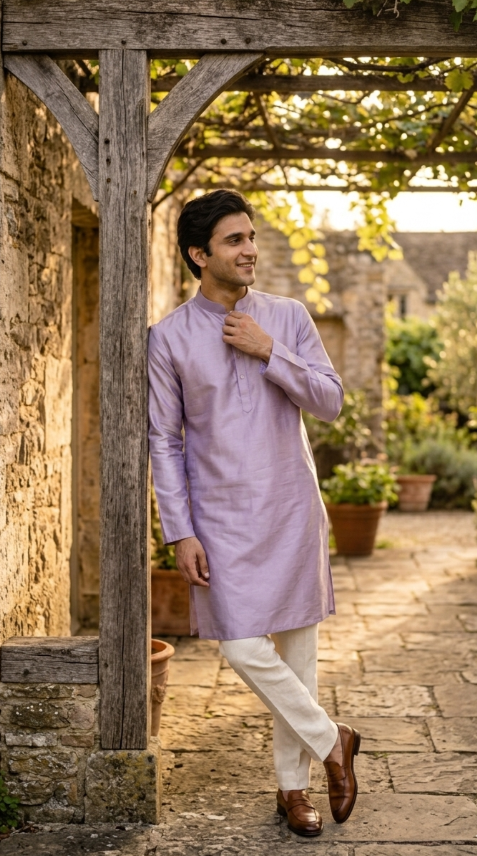 Lavender cotton silk kurta set for men with mandarin collar