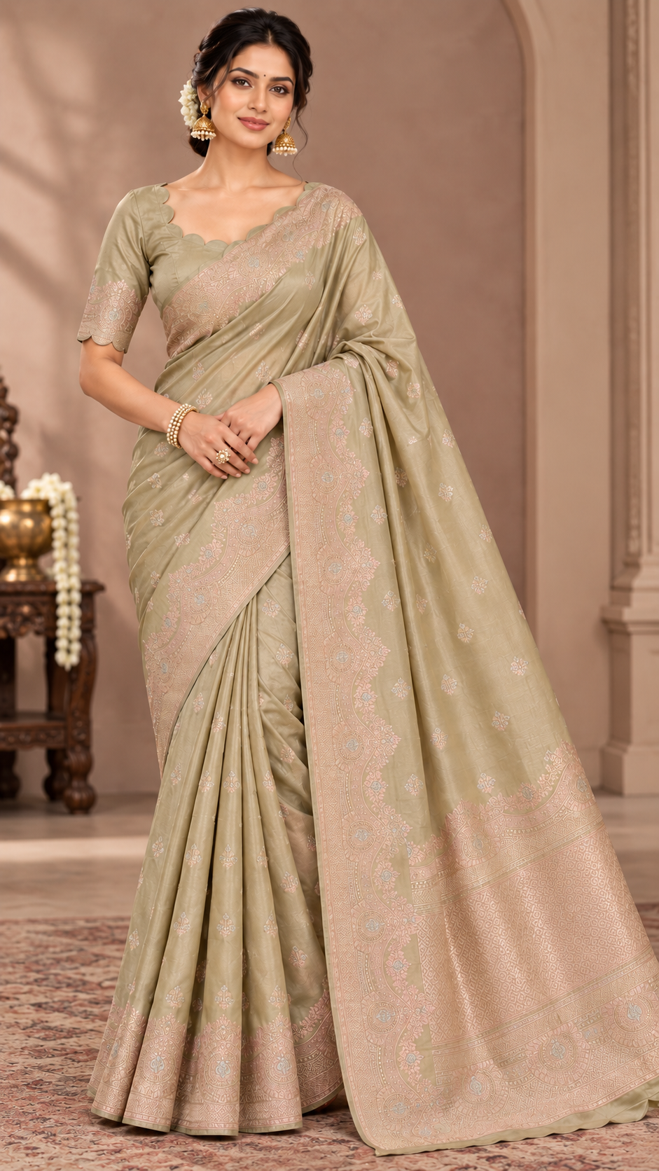 Muted Sage Green Banaras Satin Silk Saree
