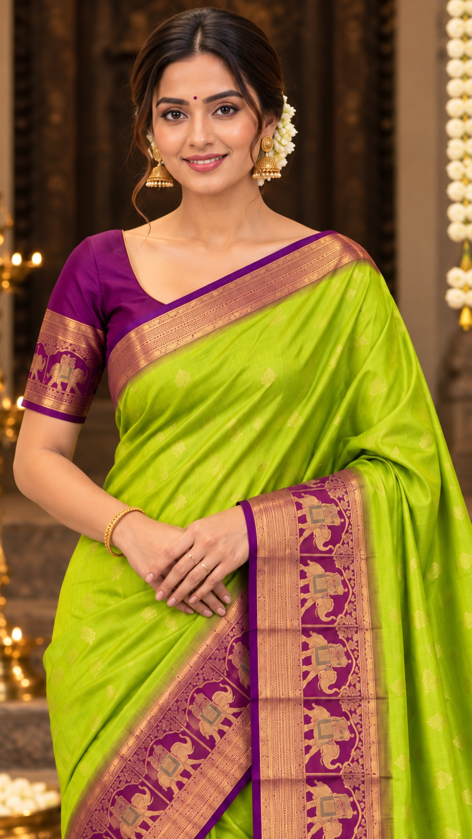 Lime Green Kanchi Silk Saree