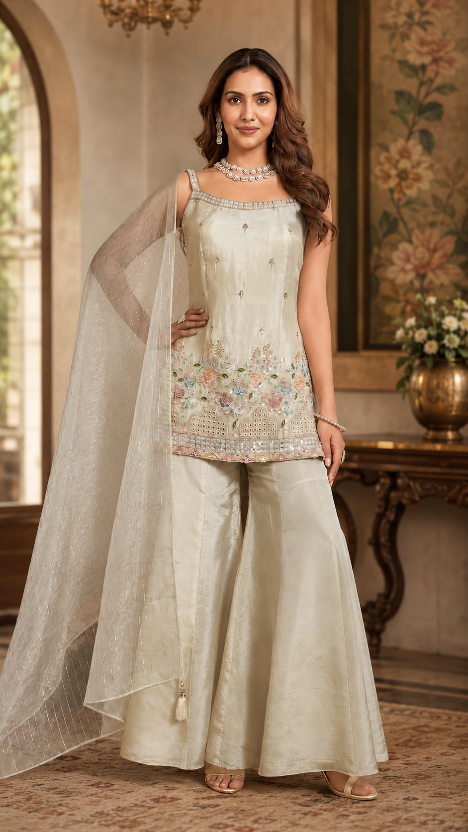 Off White Tissue Silk Sharara Suit