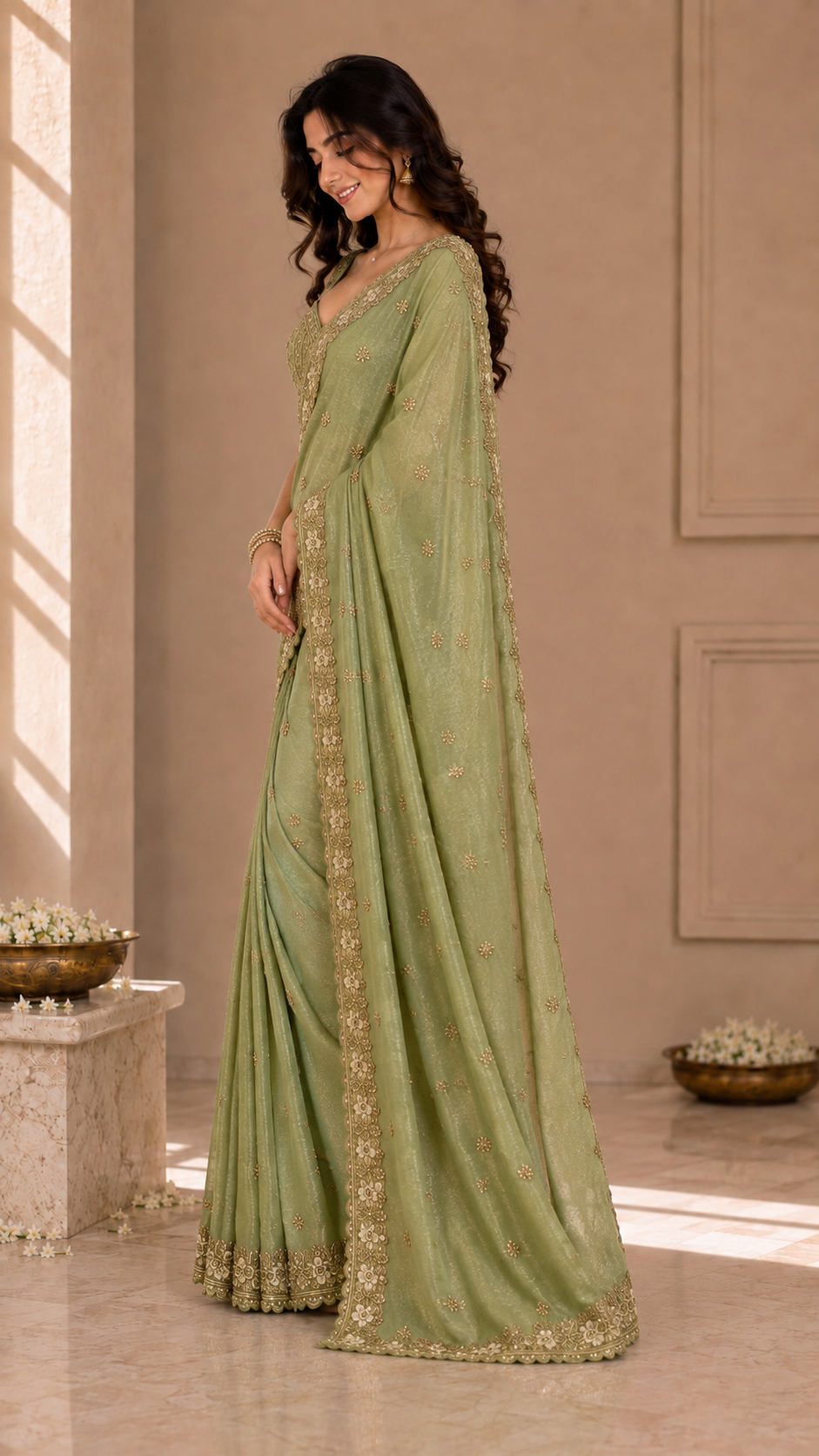 Sage Green Shimmer Organza Fancy Saree