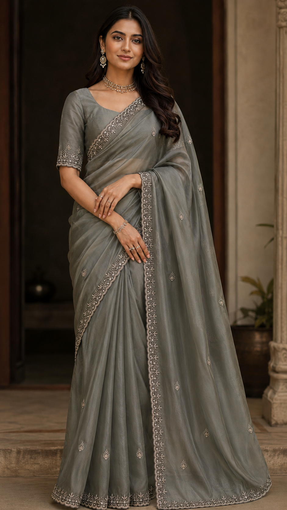 Grey Shimmer Organza Fancy Saree