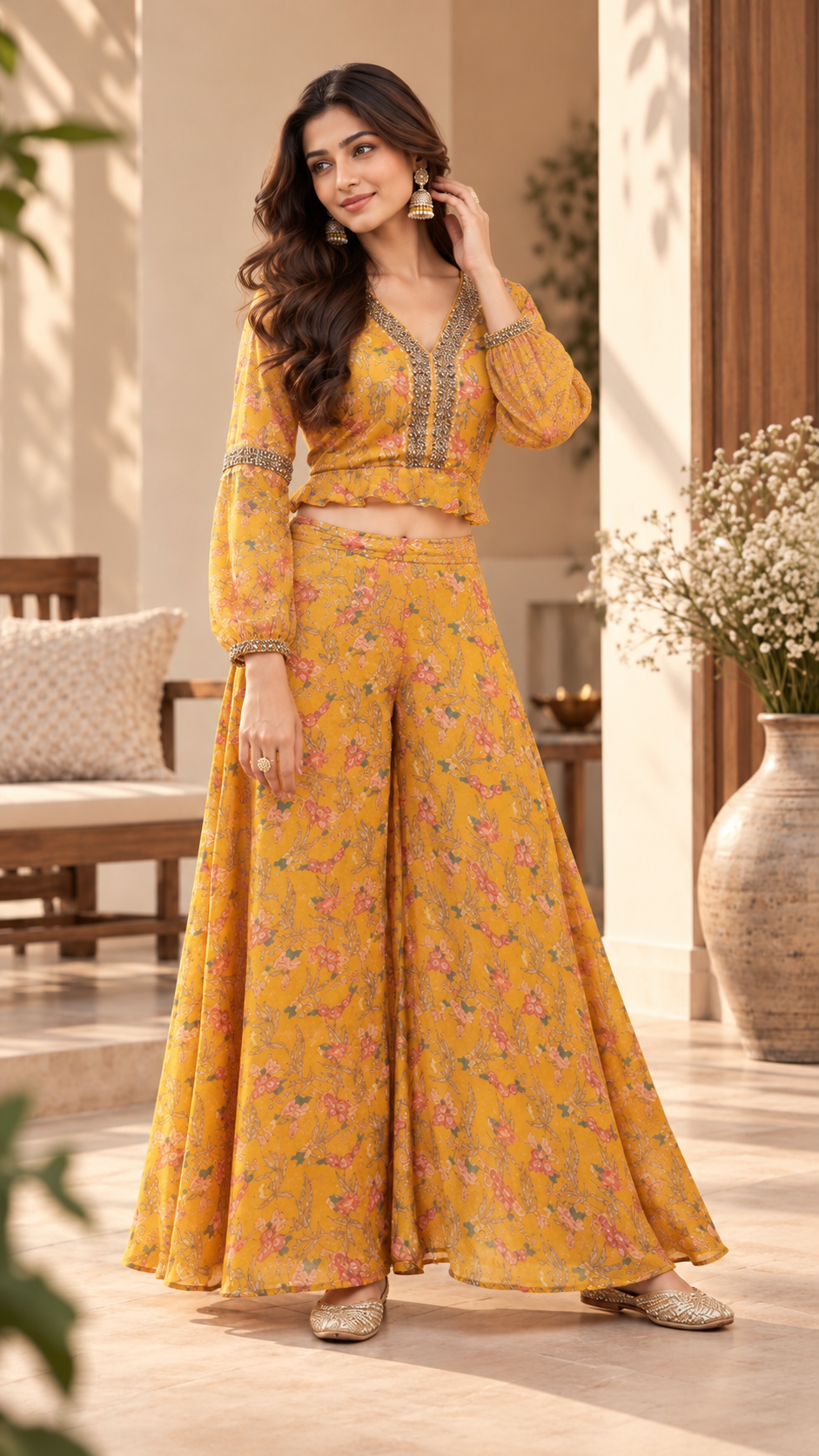 Mustard Muslin Silk Crop Top Sharara Suit