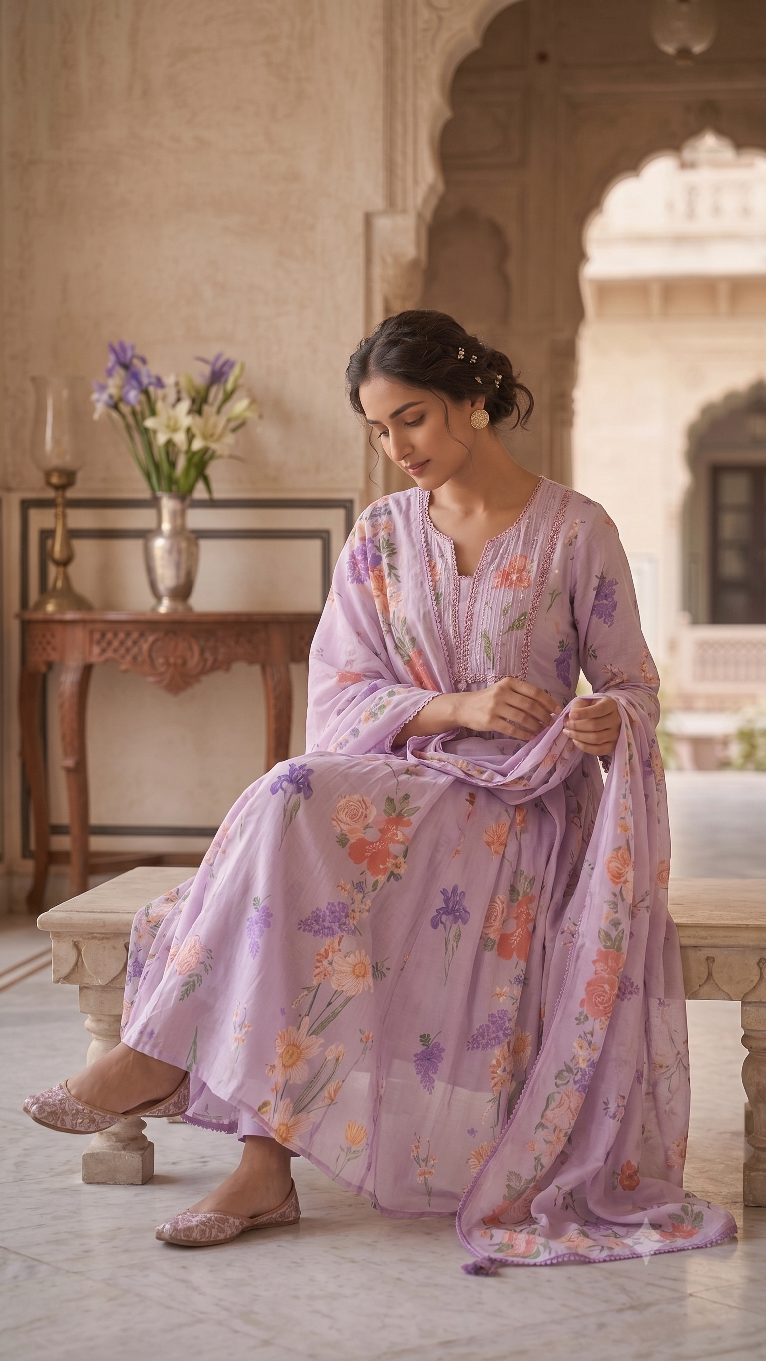 Purple Mul Cotton Floral Suit