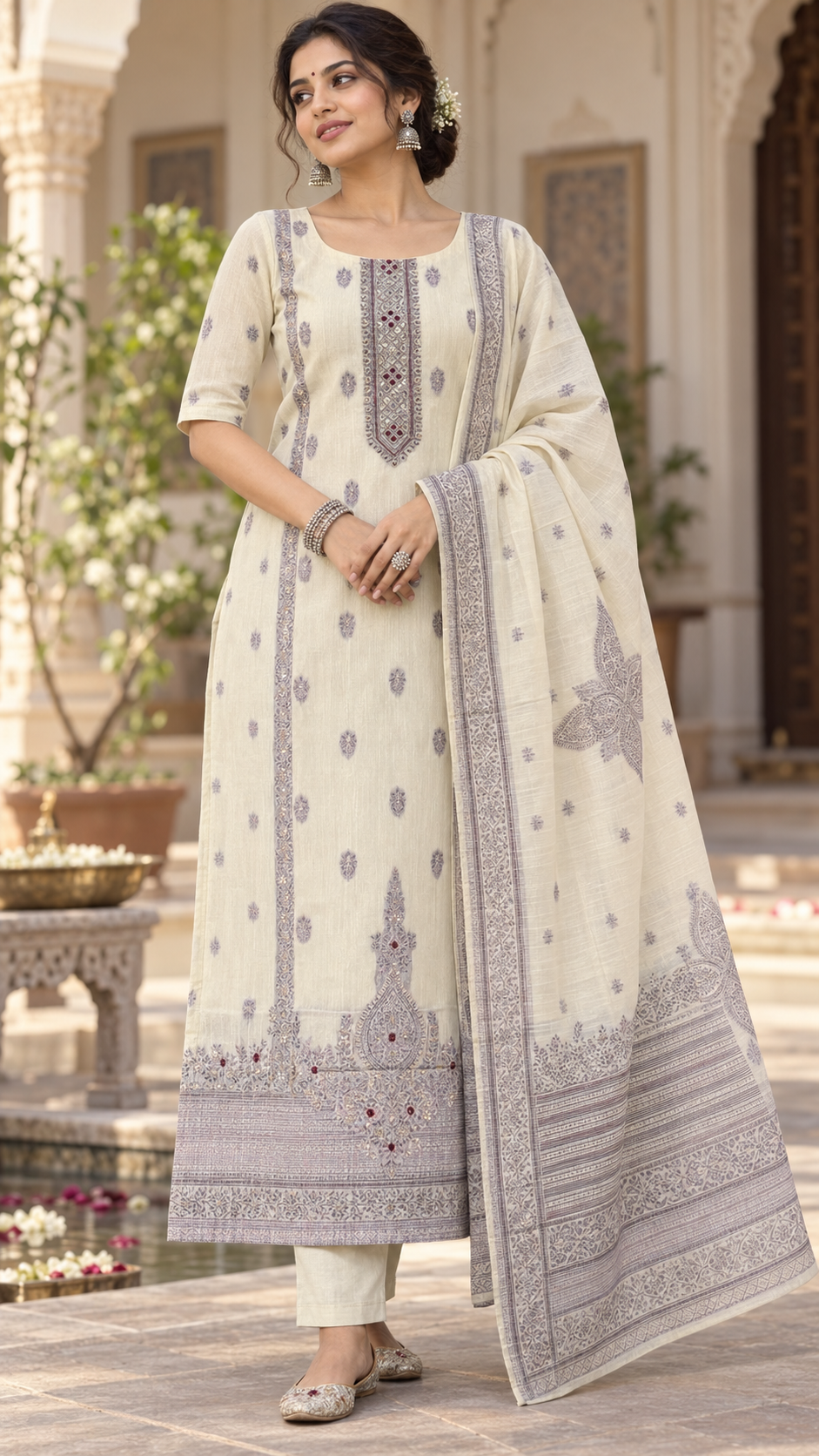 Beige Linen Jamdani Suit
