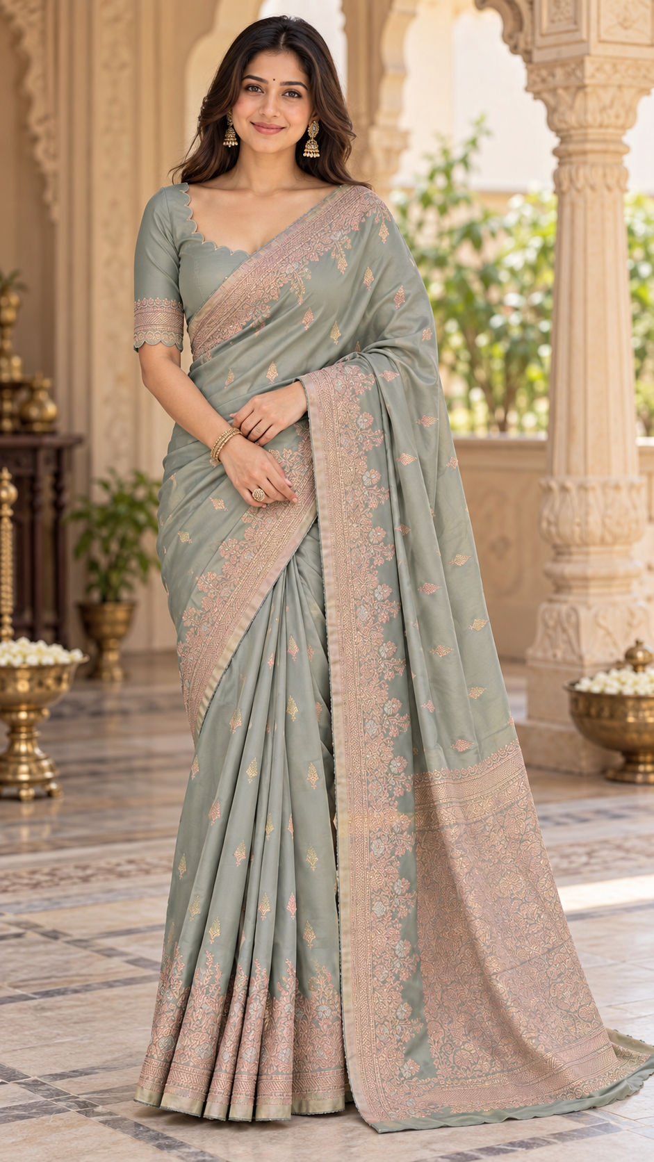 Muted Ash Grey Banaras Satin Silk Saree