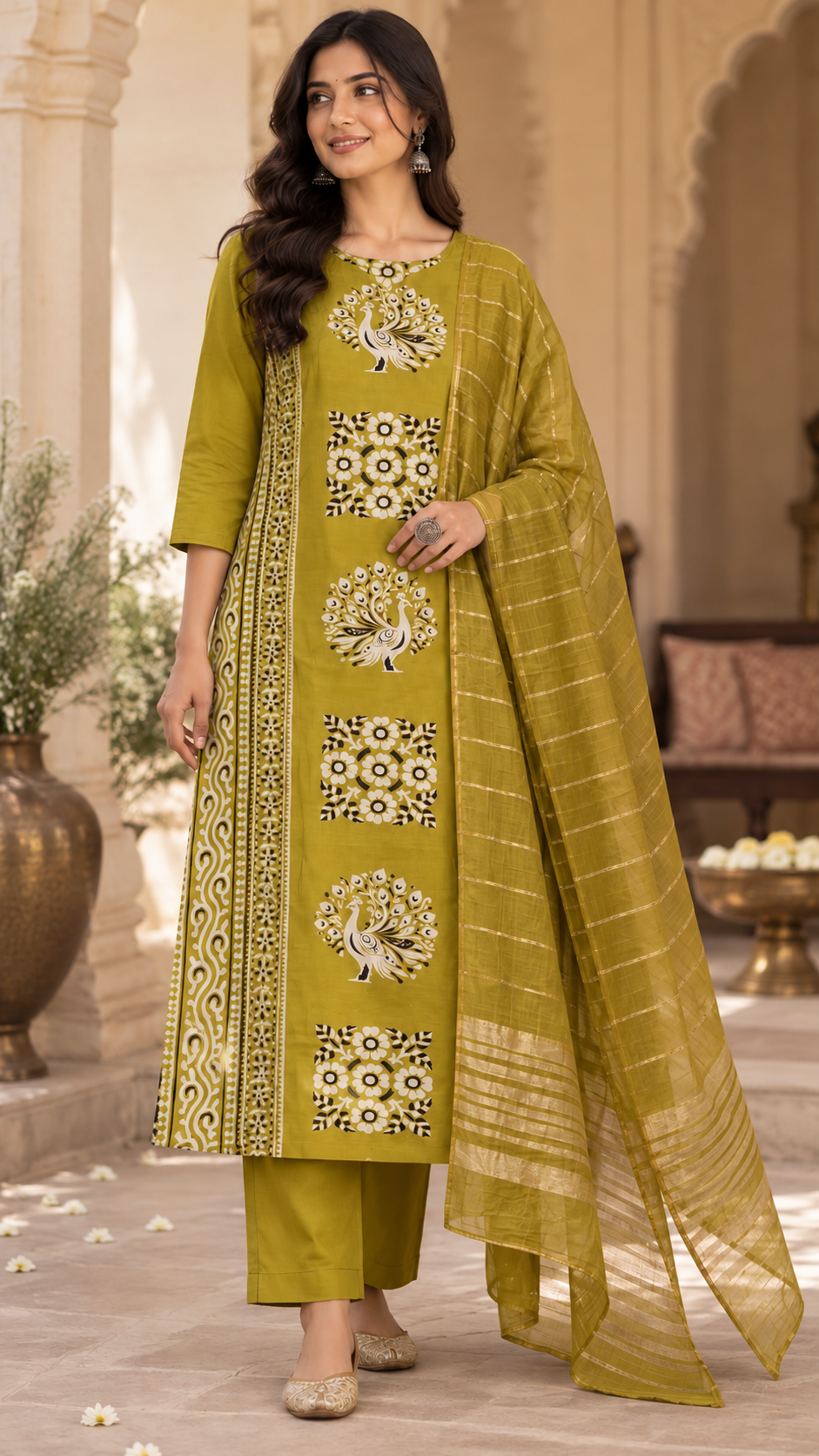 Lime Green Silk Cotton Straight Cut Suit