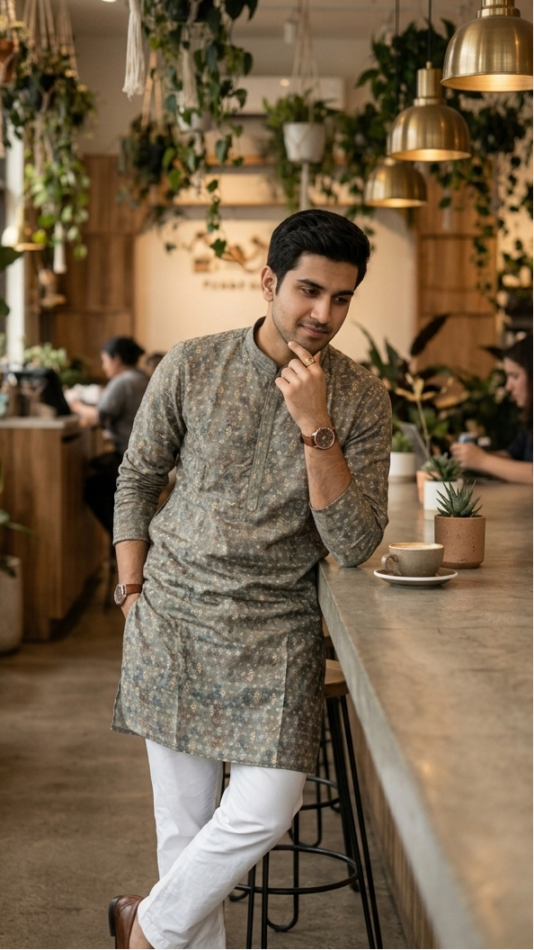 Grey Printed Silk Kurta Set
