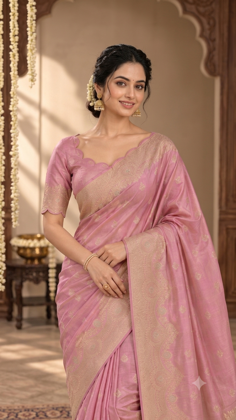 Rose Pink Banaras Satin Silk Saree