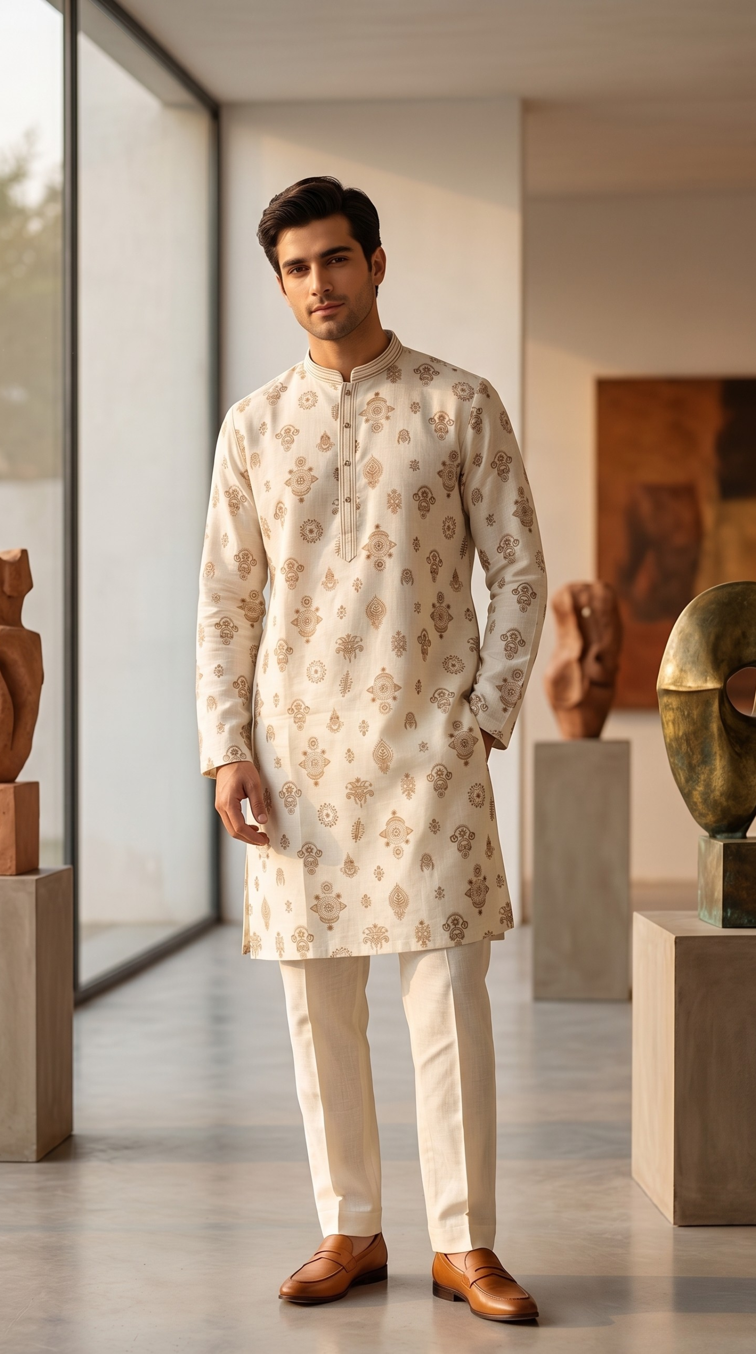 Off-white printed butti kurta set for men with mandarin collar and gold floral motifs 