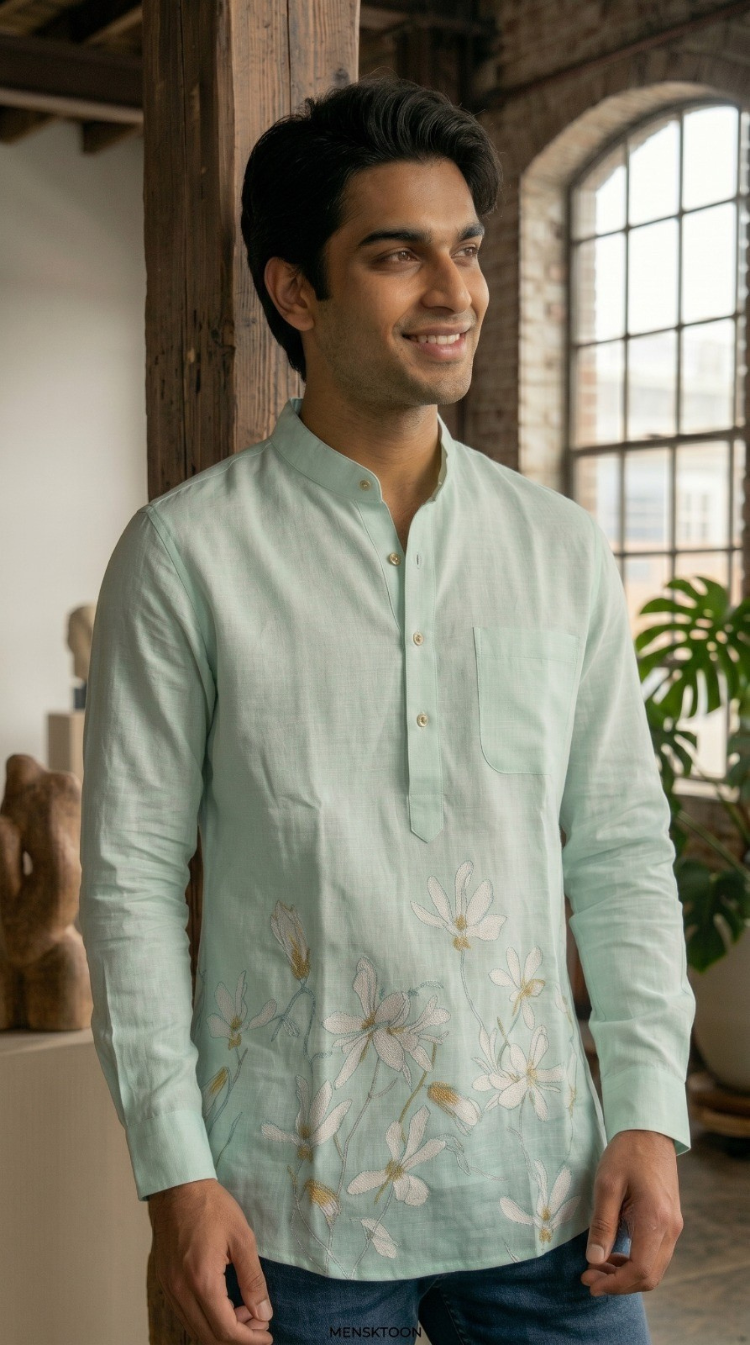 Light Green Linen Short Kurta