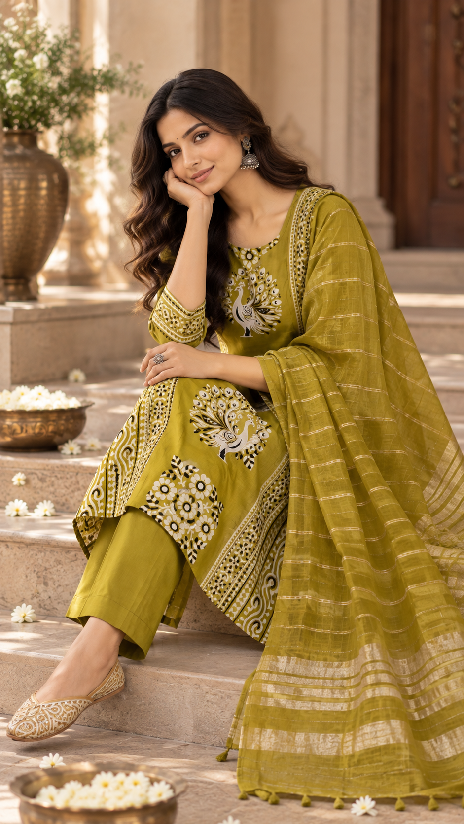 Lime Green Silk Cotton Straight Cut Suit
