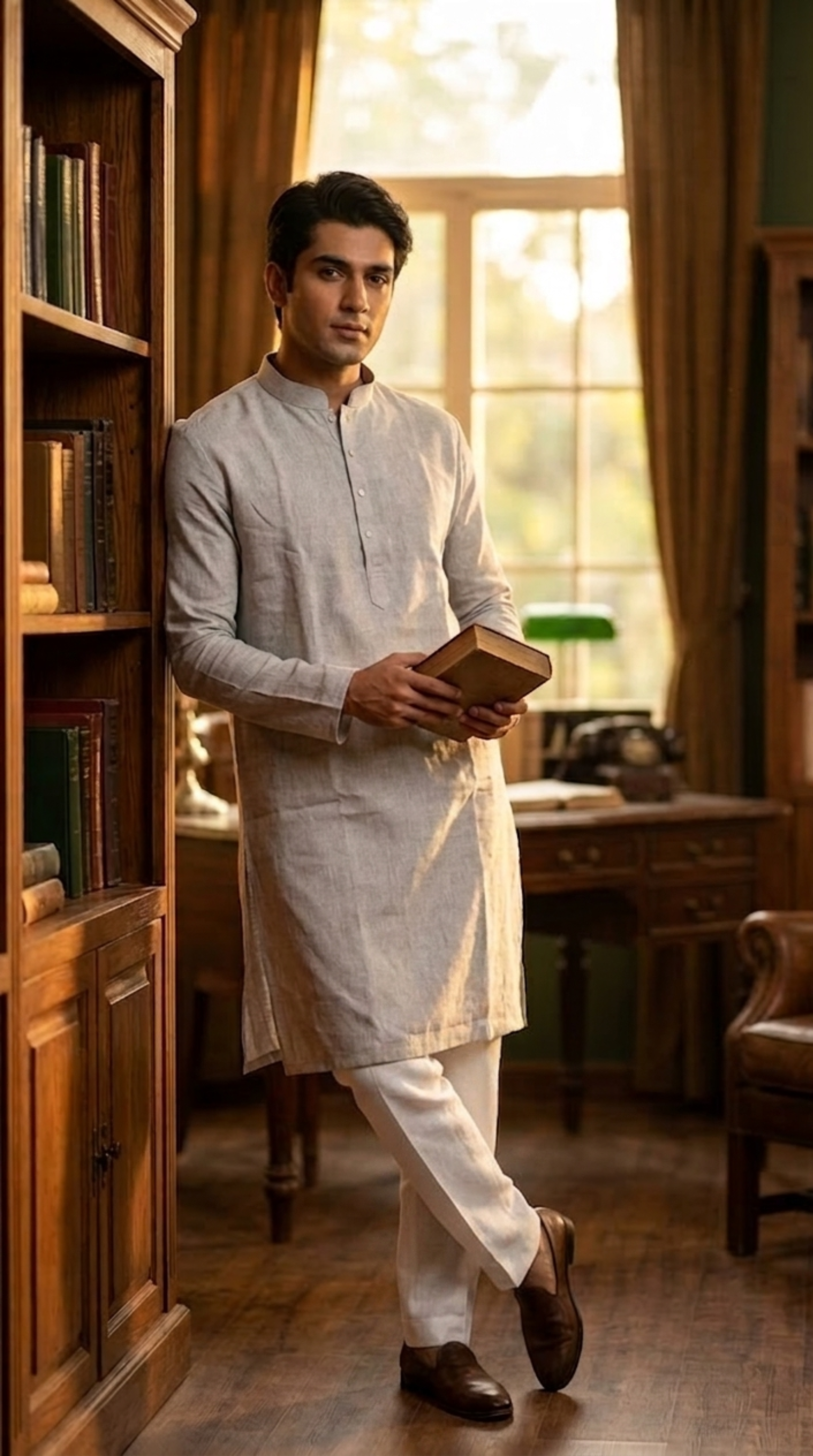 Steel blue silk kurta set for men with mandarin collar 