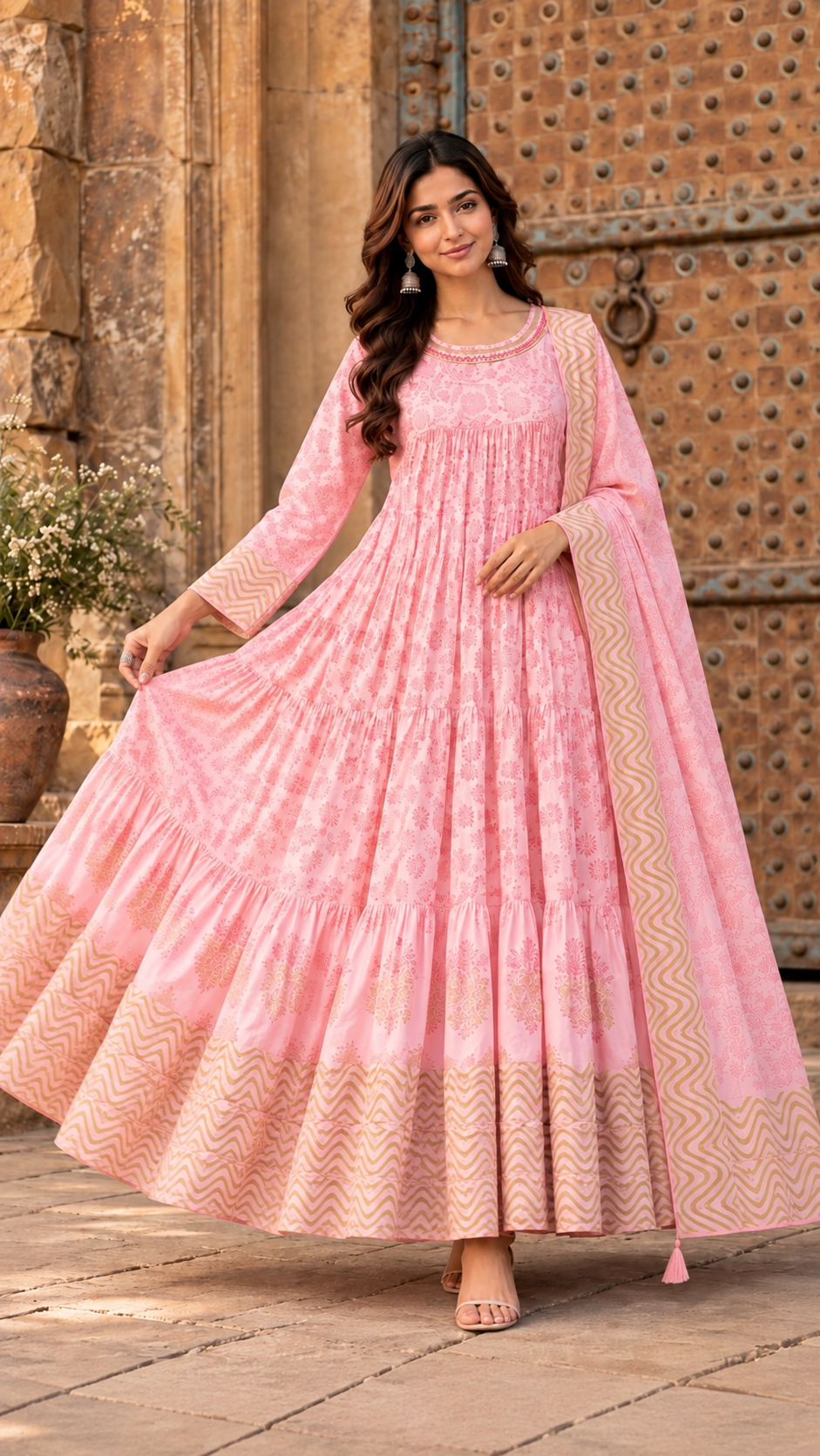 Pink Mul Cotton Long Gown
