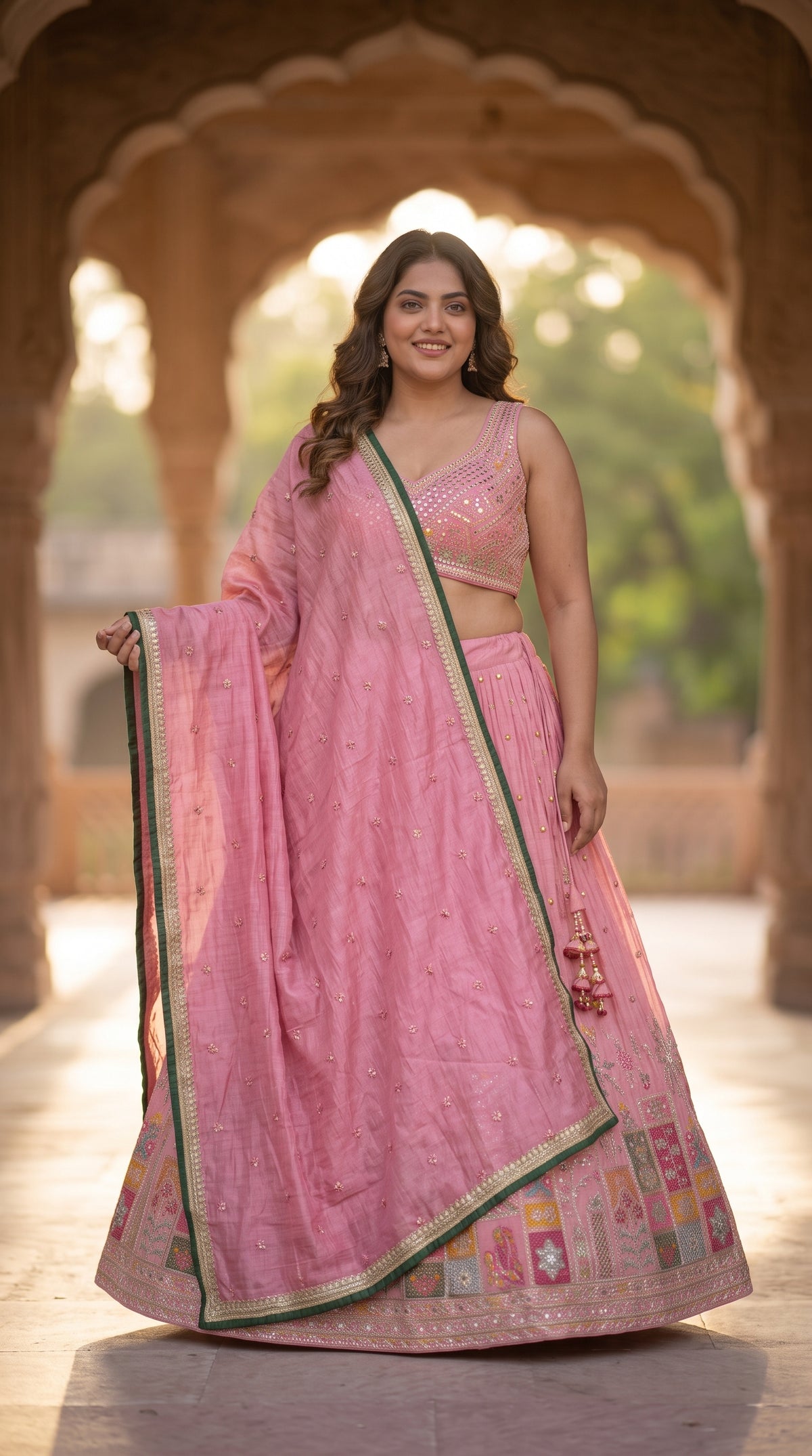 Pink Chinon Silk Party Wear Crop Top Lehenga