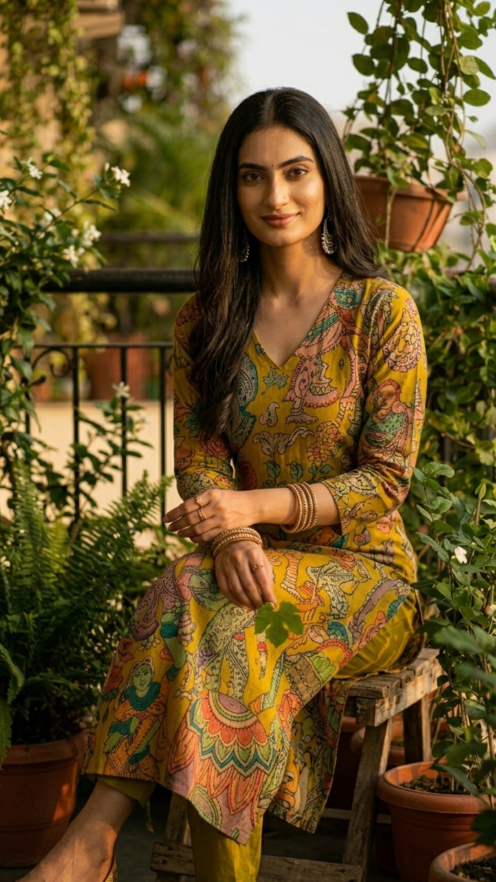 Mustard Kalamkari Cotton Kurti Set