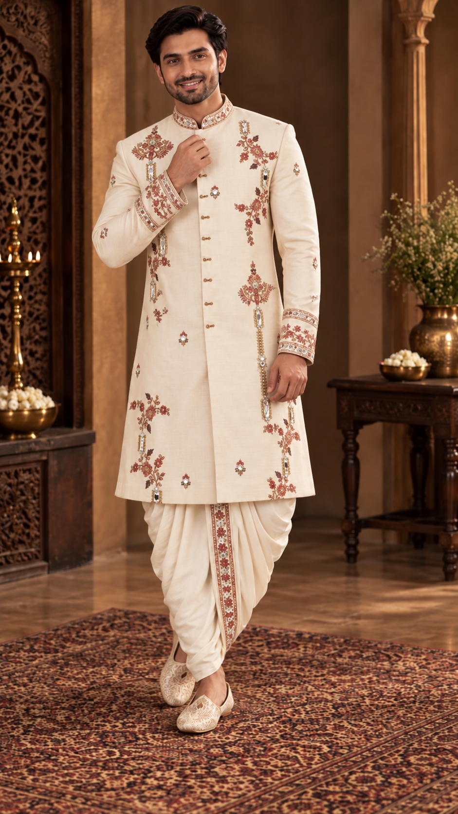 Cream Embroidered Sherwani with Bordered Dhoti Pants