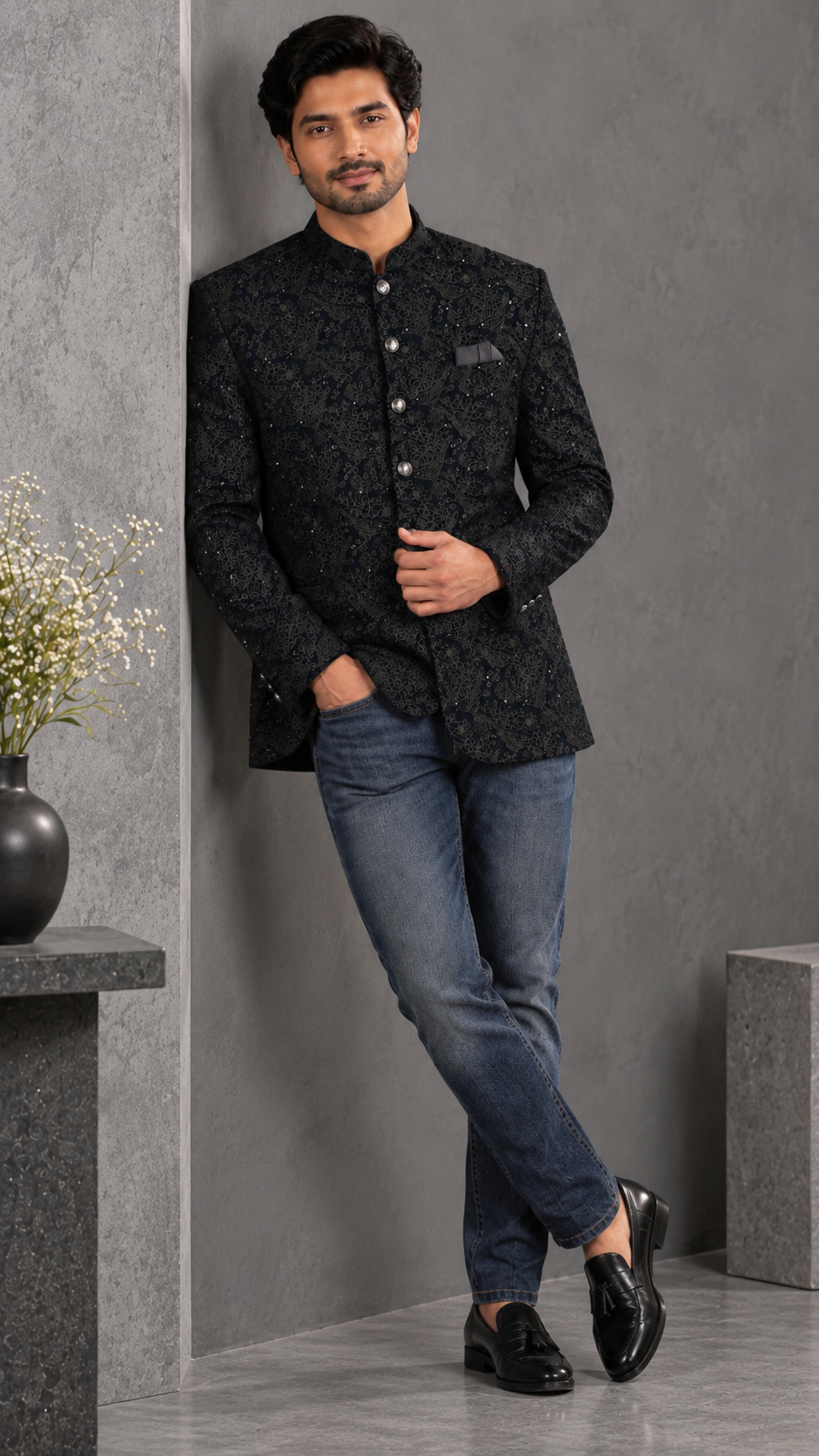 Navy Blue Velvet Embroidered Jodhpuri Bandhgala Jacket