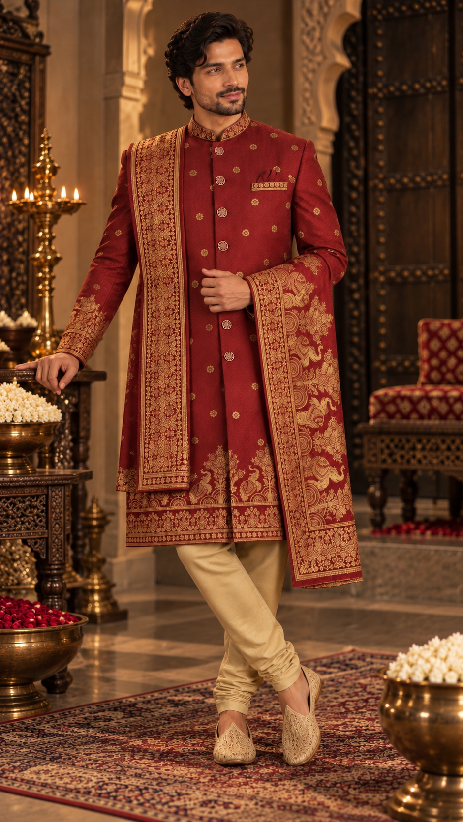 Maroon Embroidered Sherwani Set with Stole and Churidar