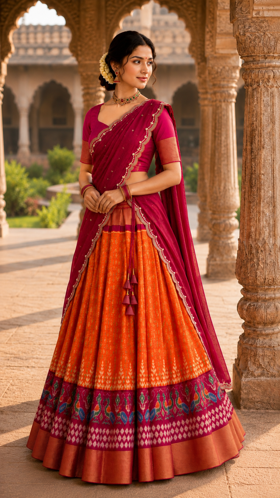 Orange Pochampally Silk Langa Voni