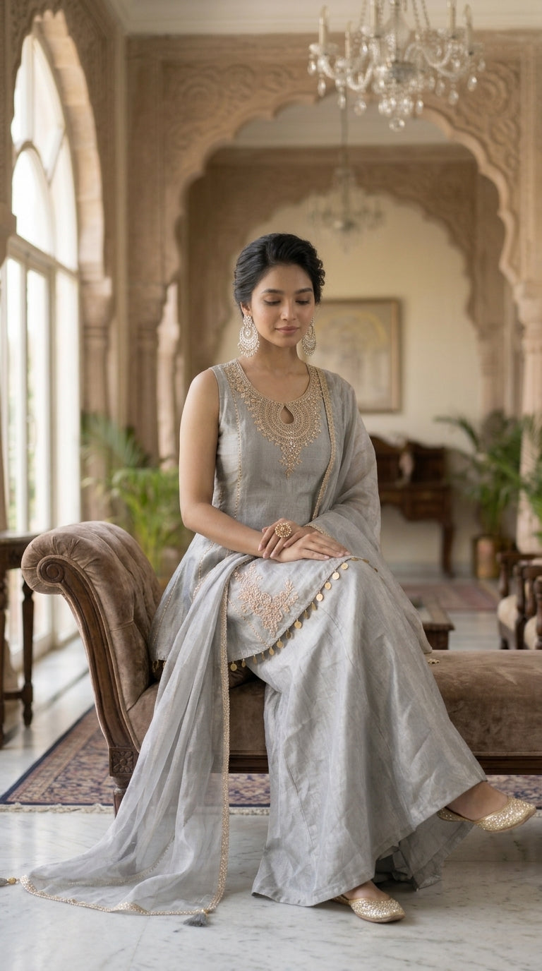 Grey Organza Tissue Sharara Suit