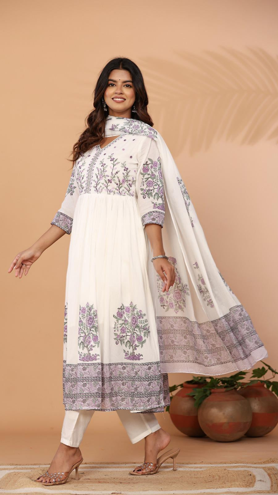 White Mul Cotton Block-Print Suit