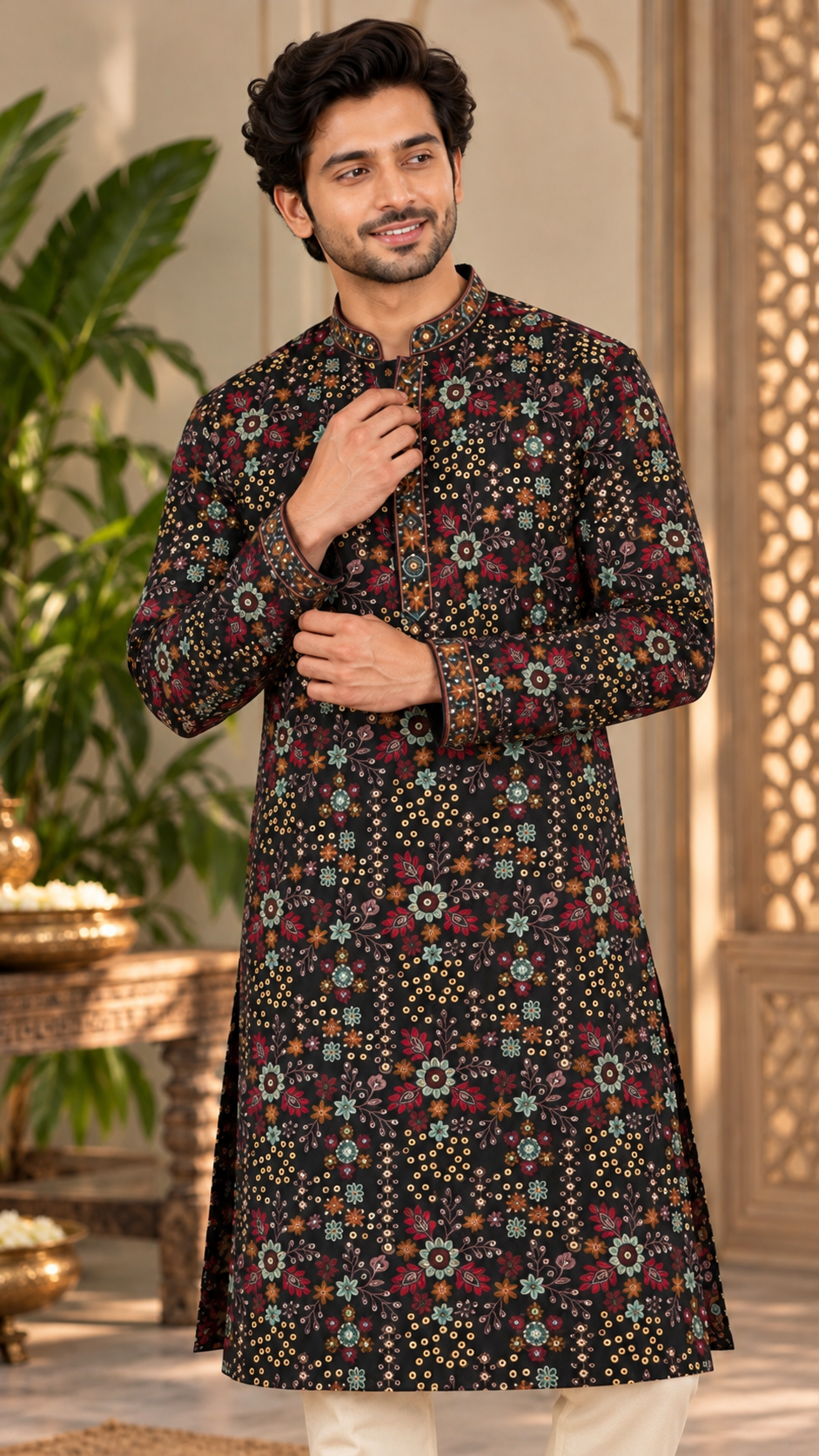 Black Multicolor Floral Embroidered Kurta Set