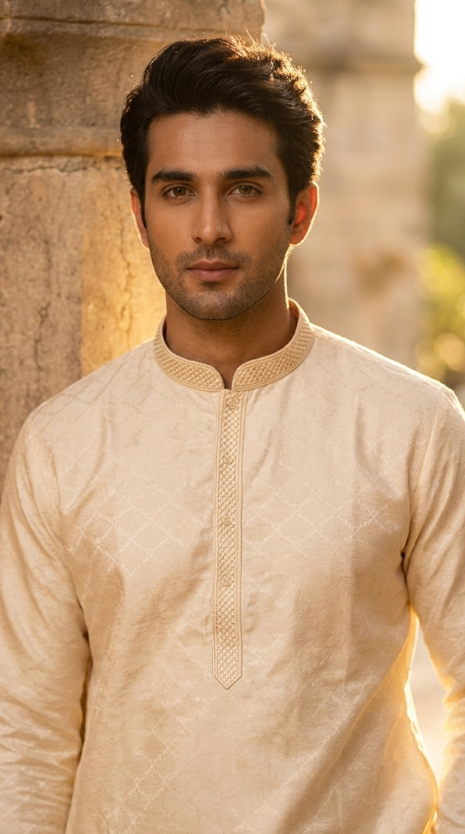 off white silk kurta set for men with mandarin collar