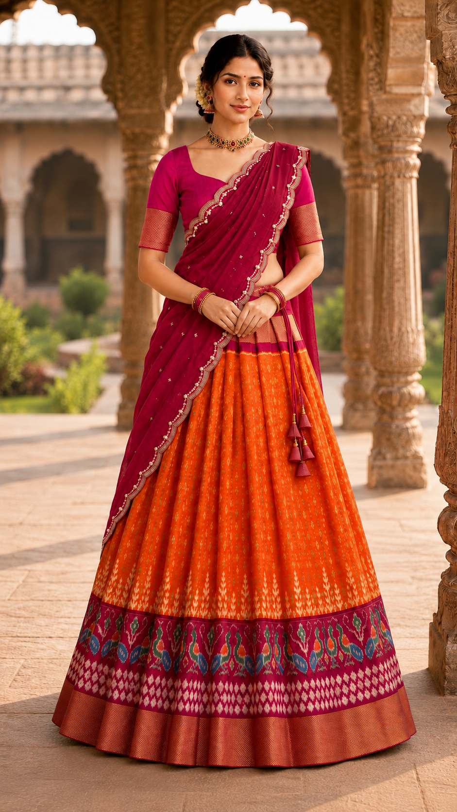 Orange Pochampally Silk Langa Voni