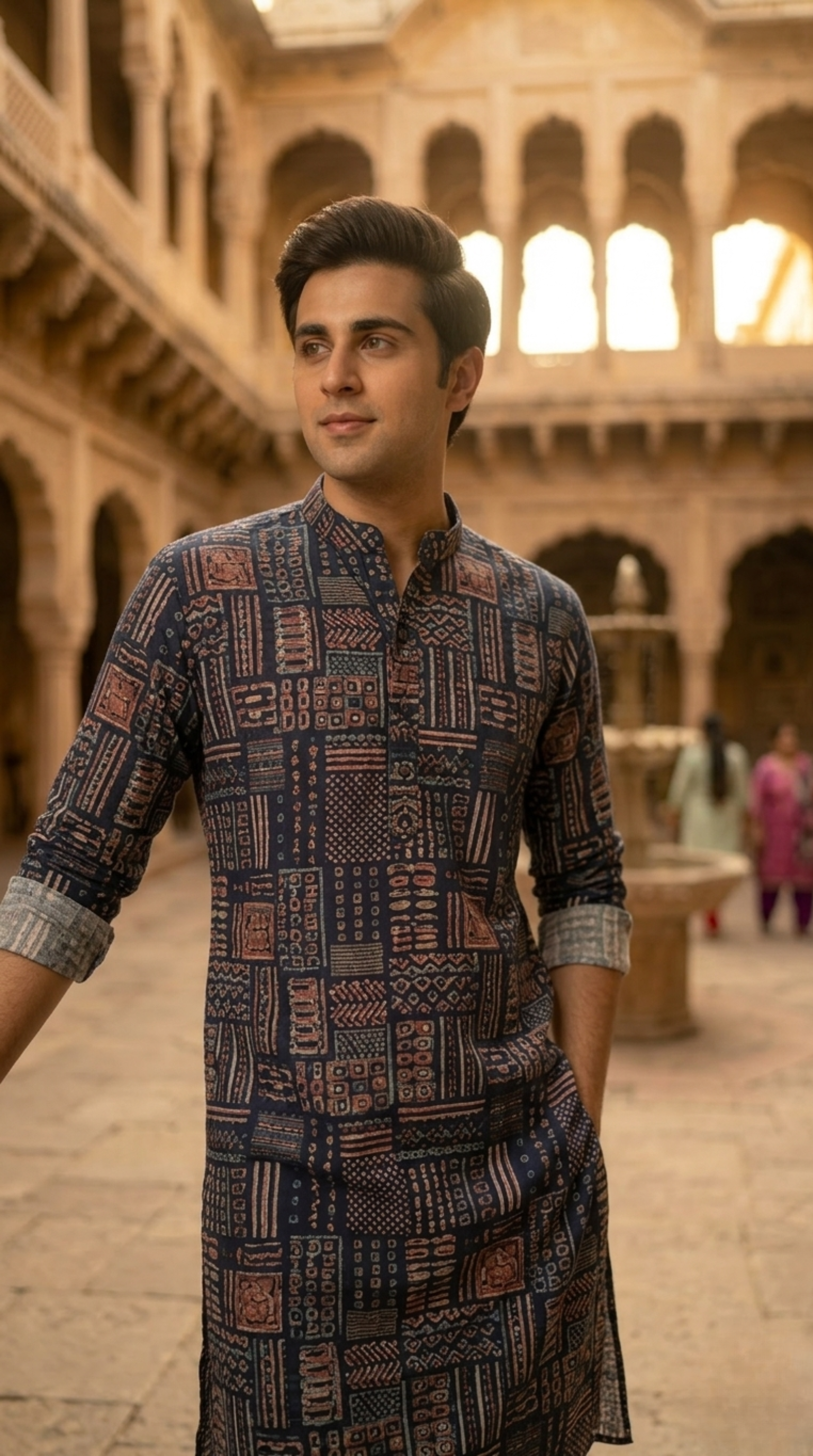 Navy blue patchwork block print cotton kurta for men with mandarin collar
