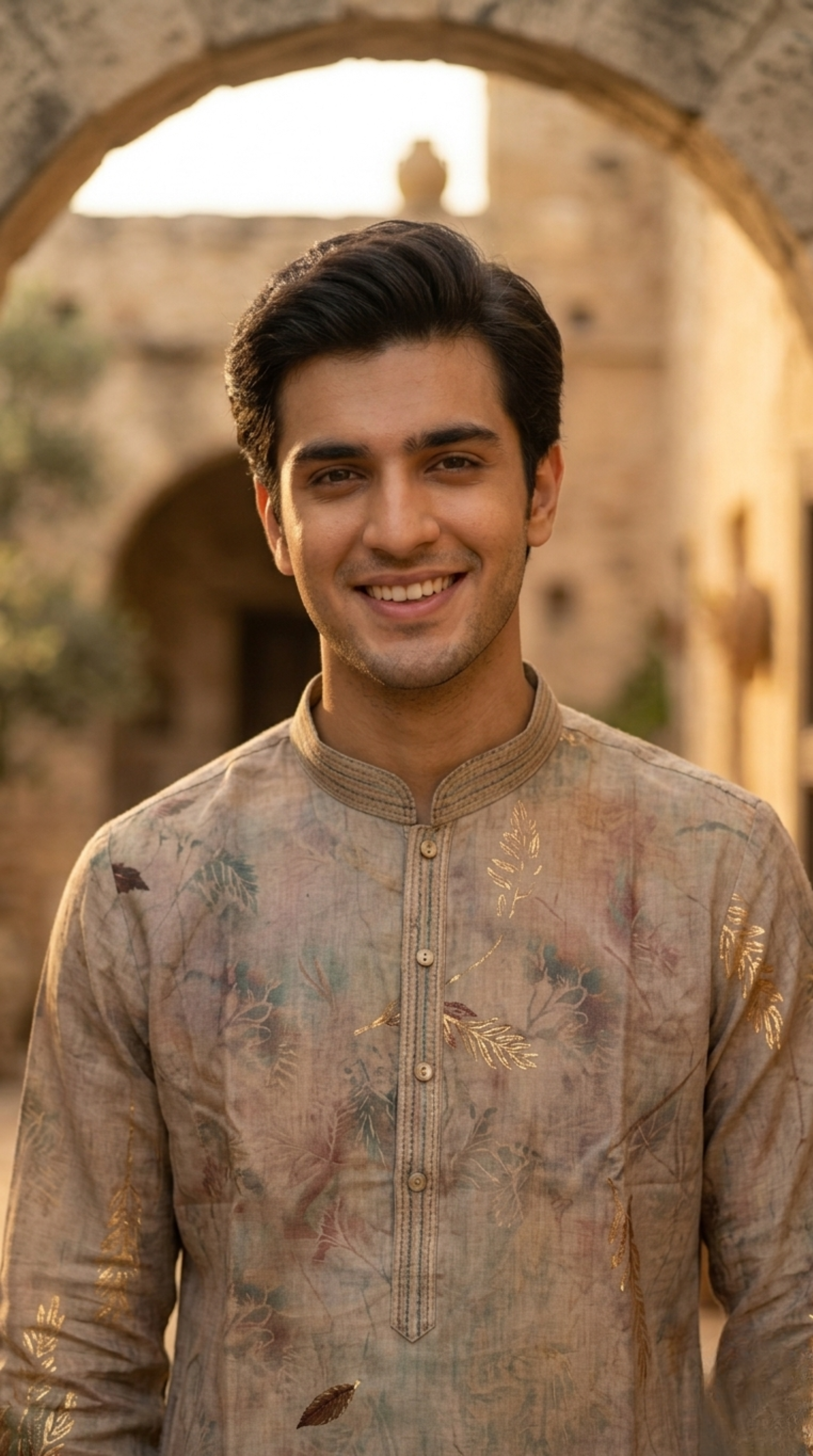 Beige silk kurta set for men with gradient botanical print and mandarin collar