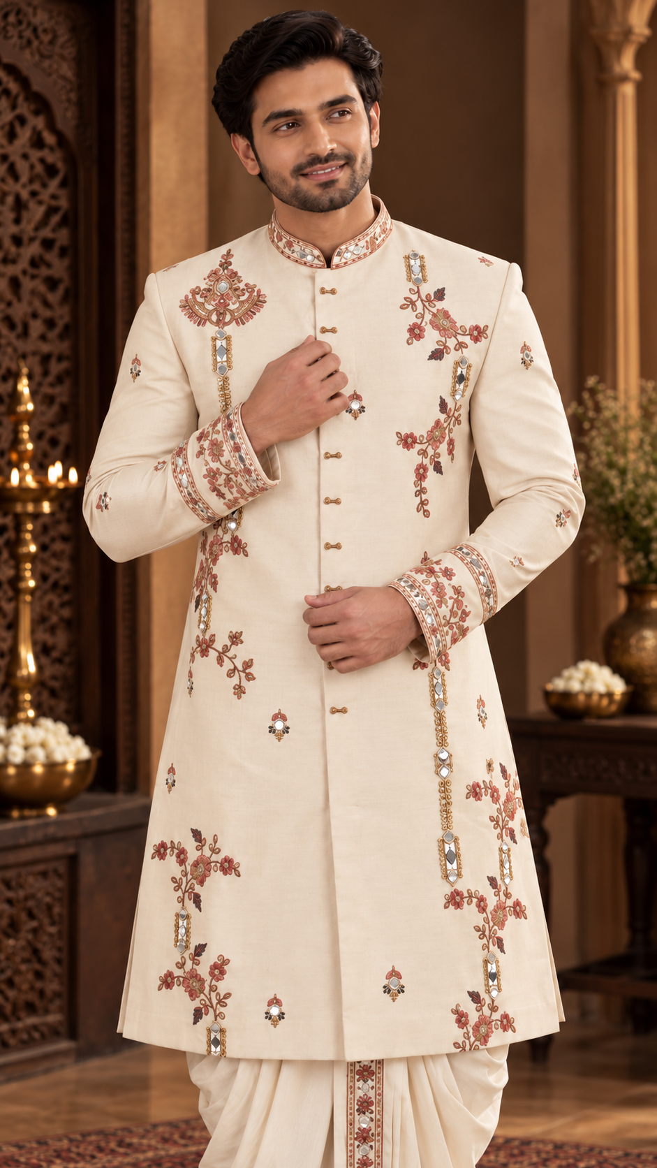 Cream Embroidered Sherwani with Bordered Dhoti Pants