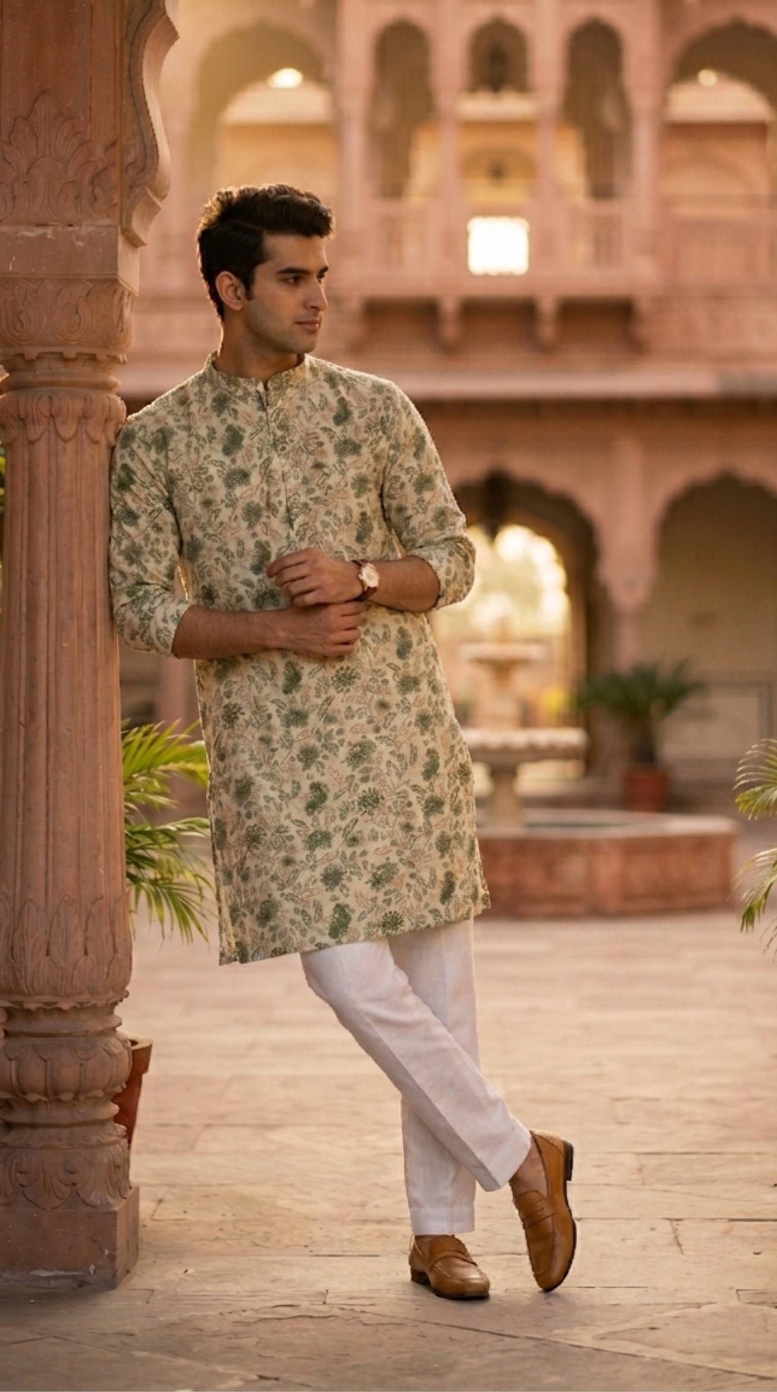 Cream floral print cotton kurta set for men with mandarin collar