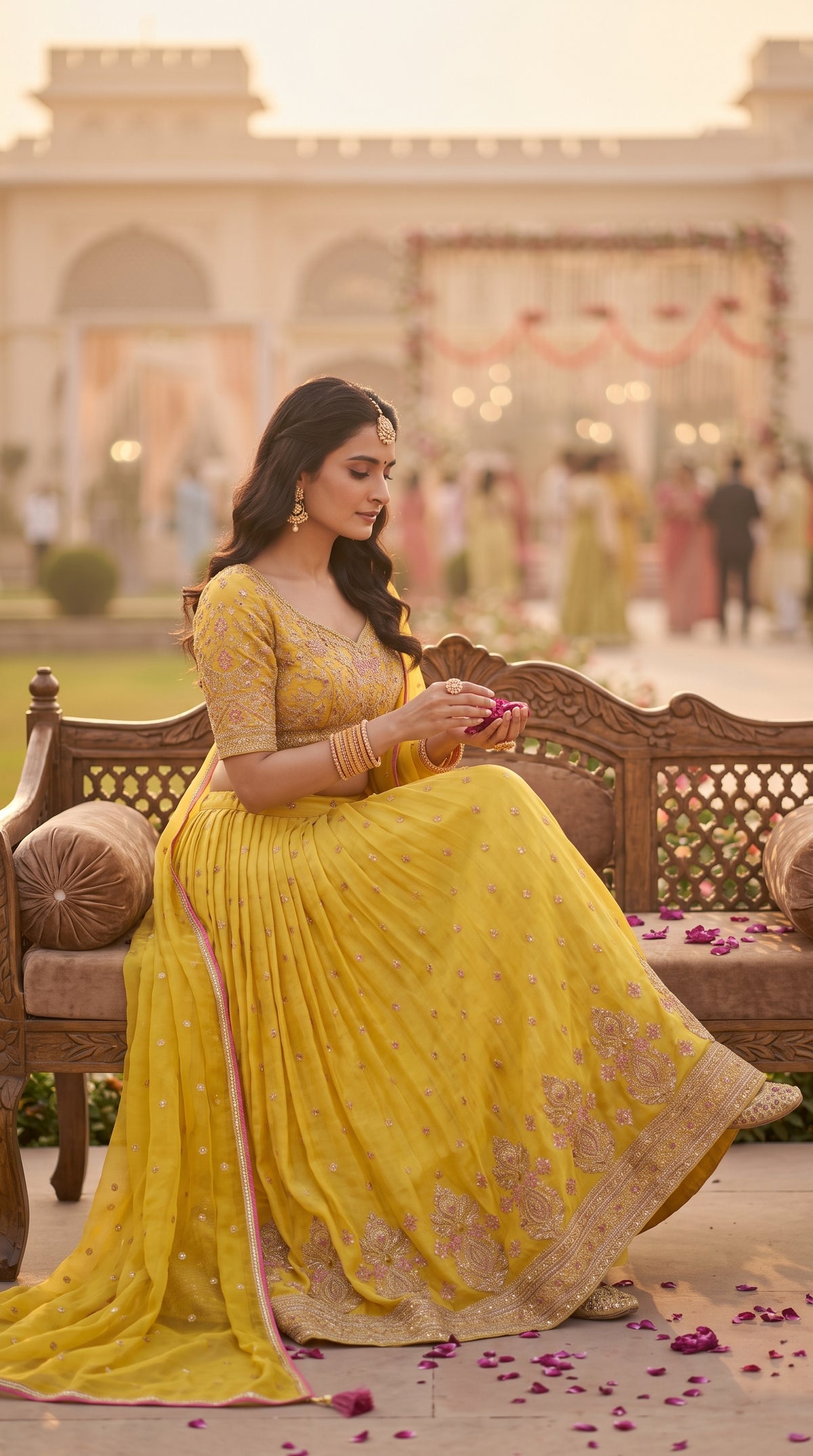 Yellow Organza Silk Party Wear Crop Top Lehenga