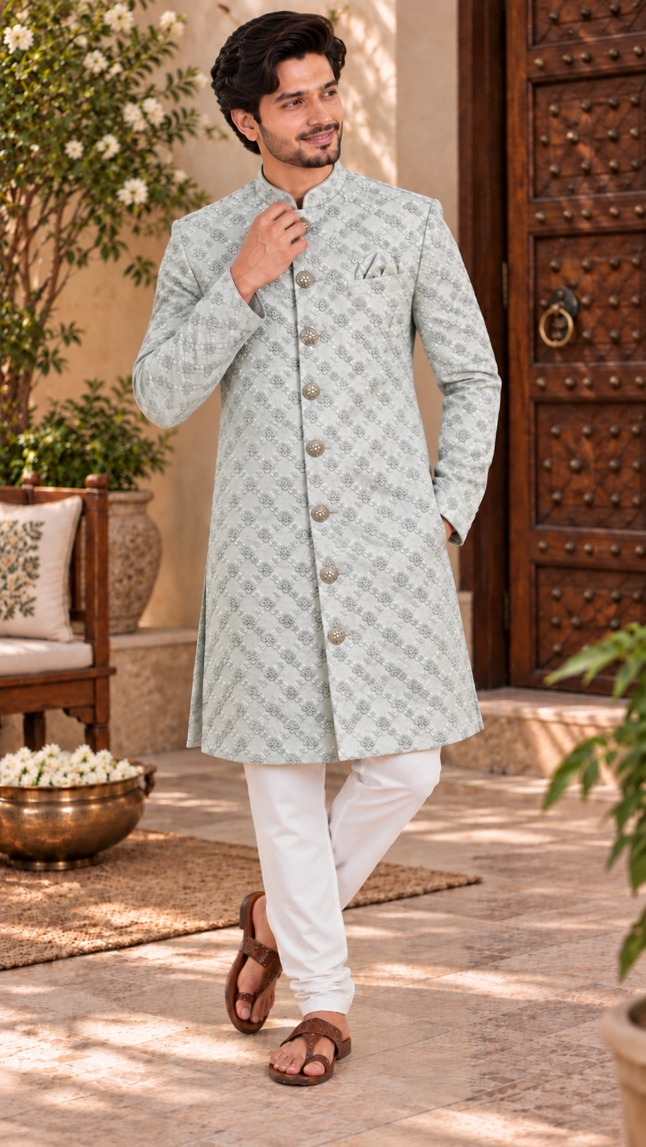 Soft Mint Green Silk Sherwani Suit