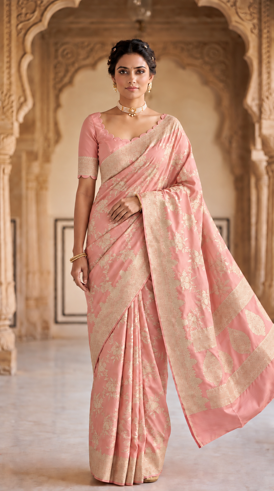 Blush Pink Banaras Satin Silk Saree