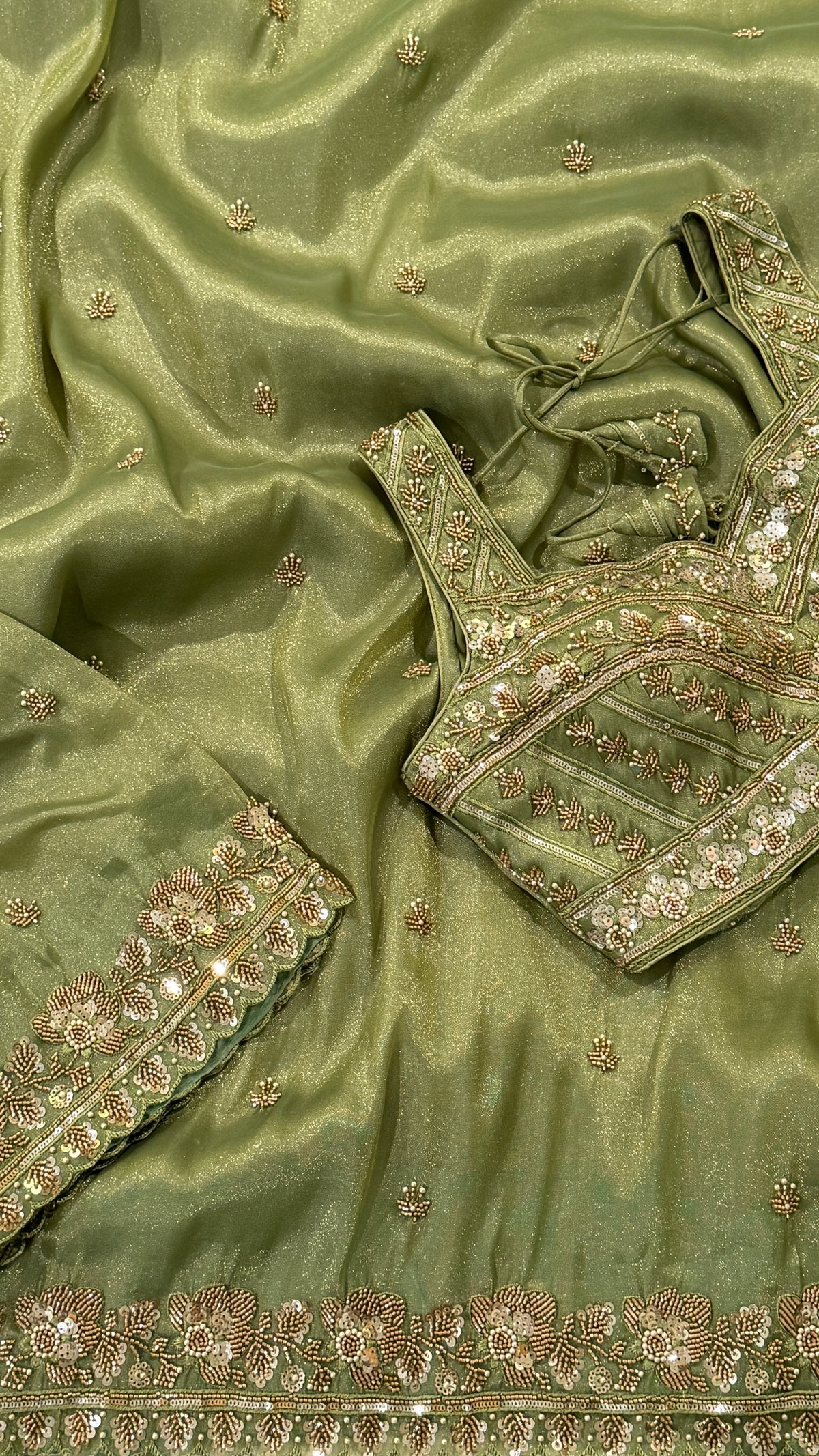 Sage Green Shimmer Organza Fancy Saree