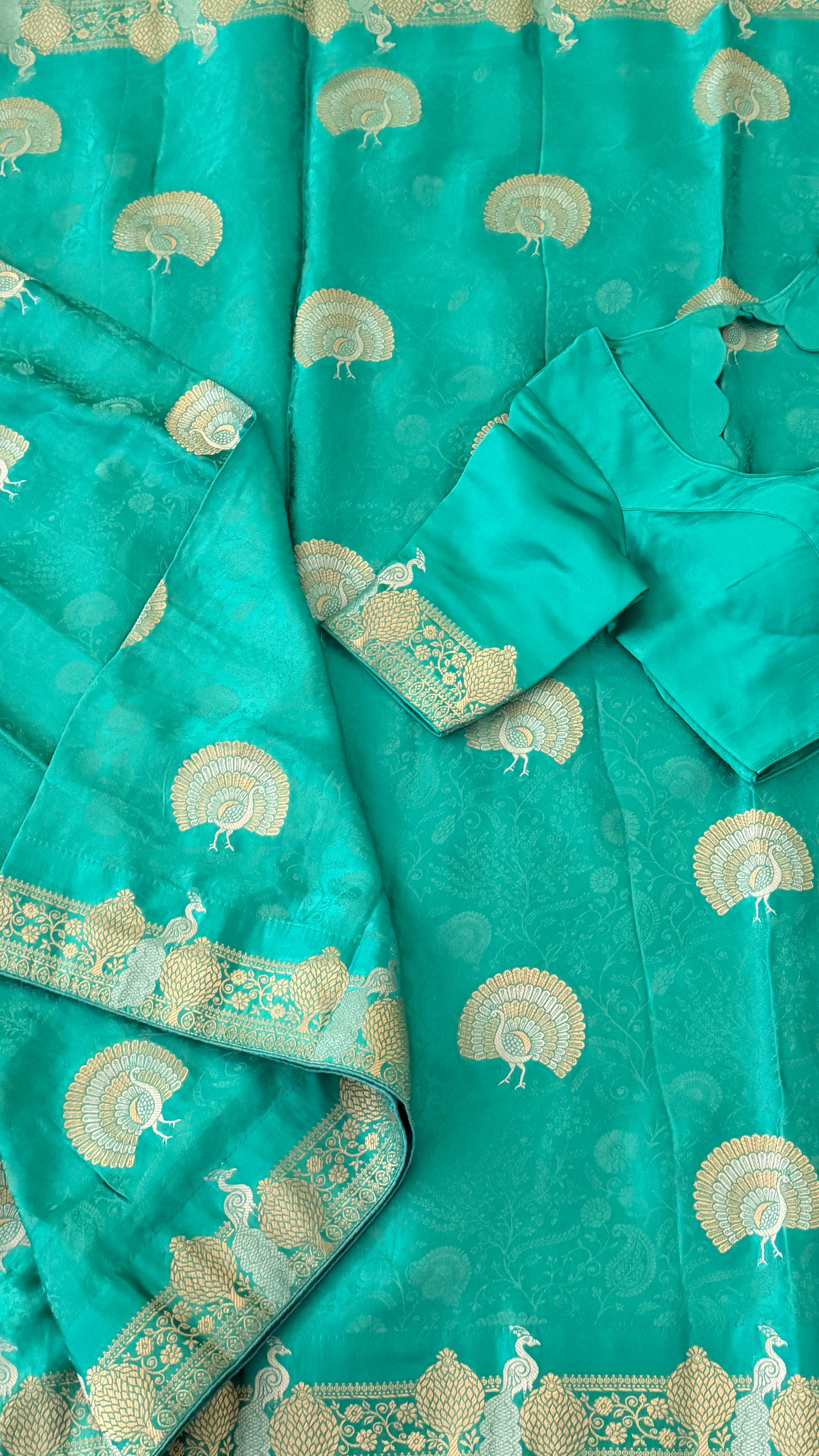 Seagreen Banaras Satin Silk Saree