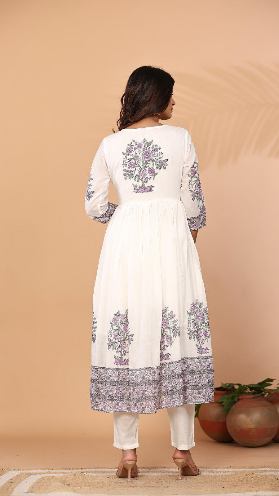White Mul Cotton Block-Print Suit