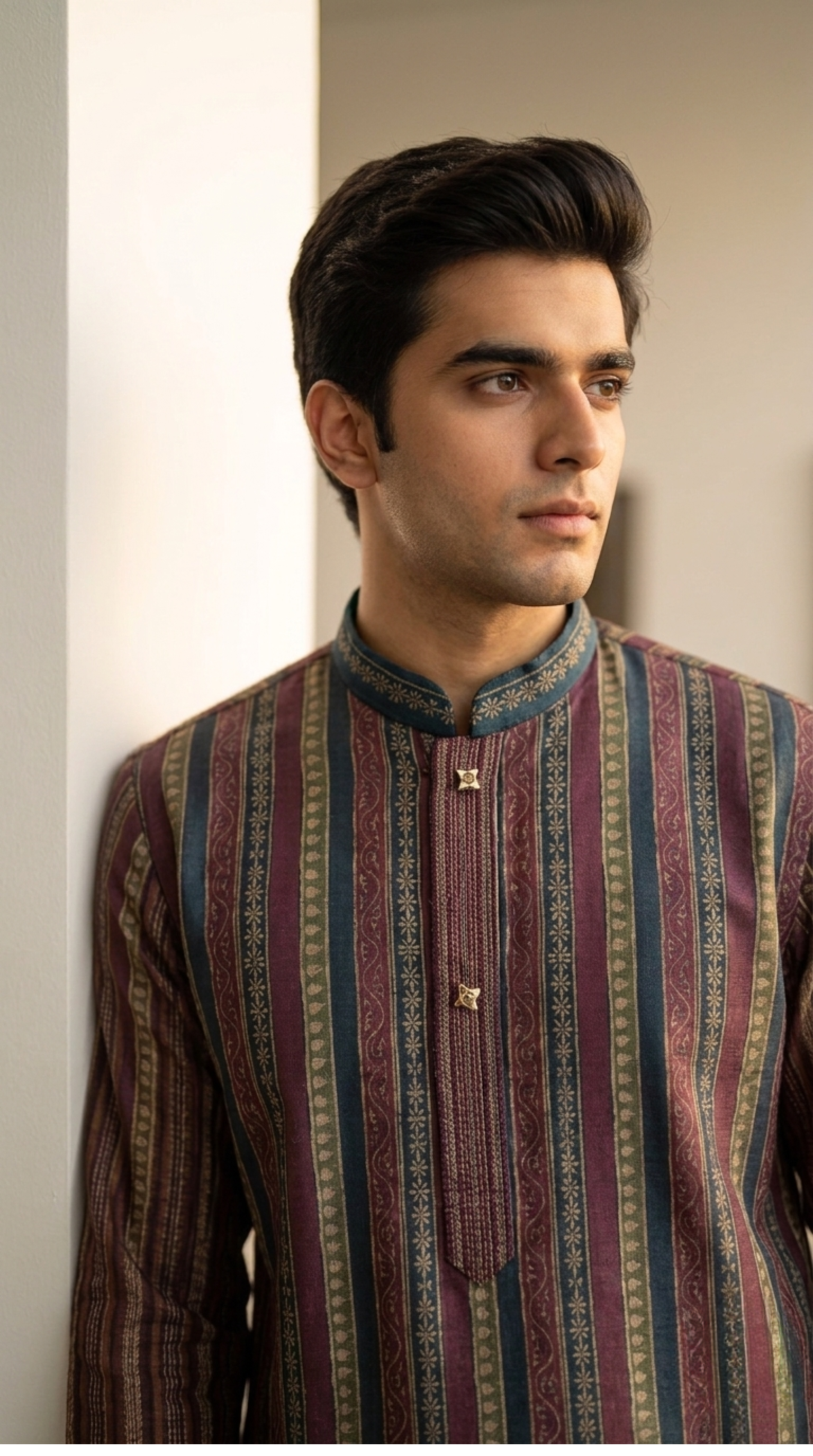 Brown multicolor stripe kurta for men with embroidered paisley pattern and teal mandarin collar