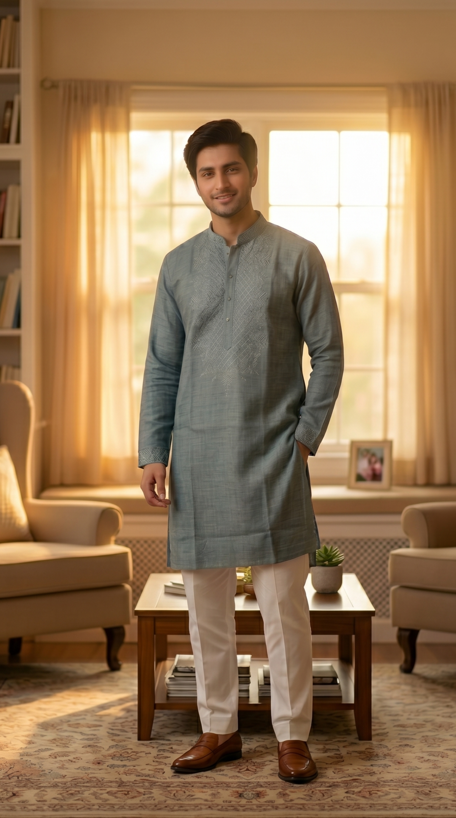 Light blue linen kurta set for men with mandarin collar — full length lifestyle shot
