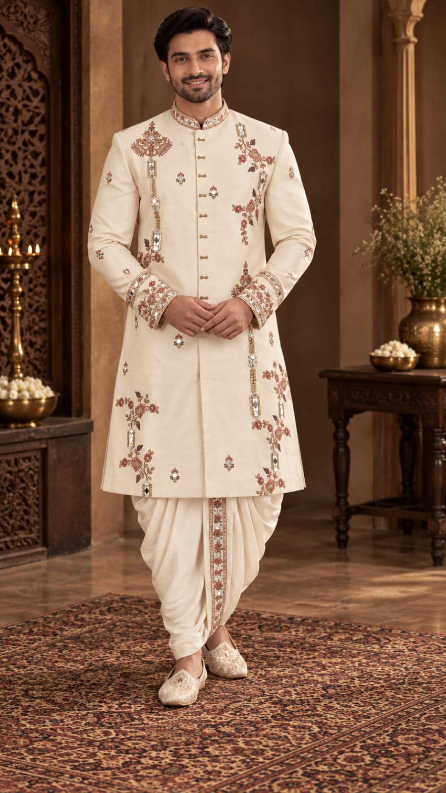 Cream Embroidered Sherwani with Bordered Dhoti Pants