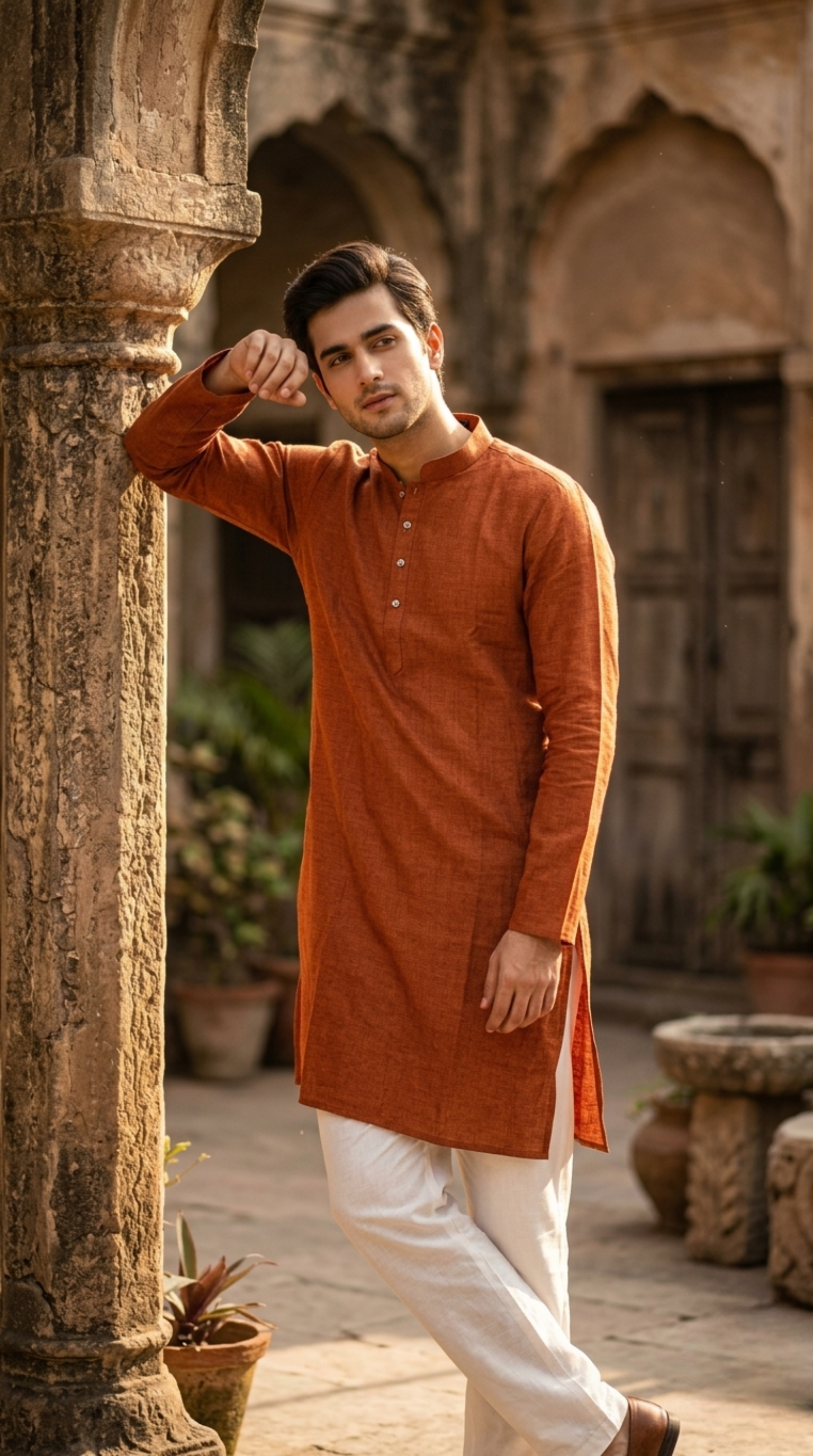 brick orange cotton kurta set for men with mandarin collar