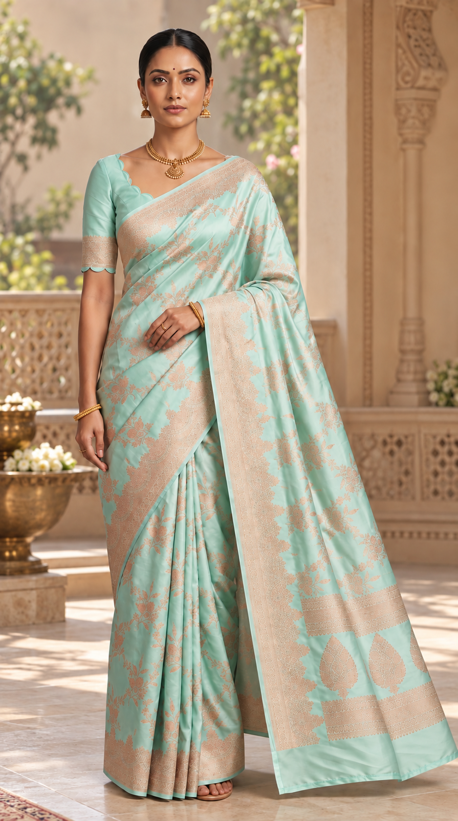 Aqua Blue Banaras Satin Silk Saree