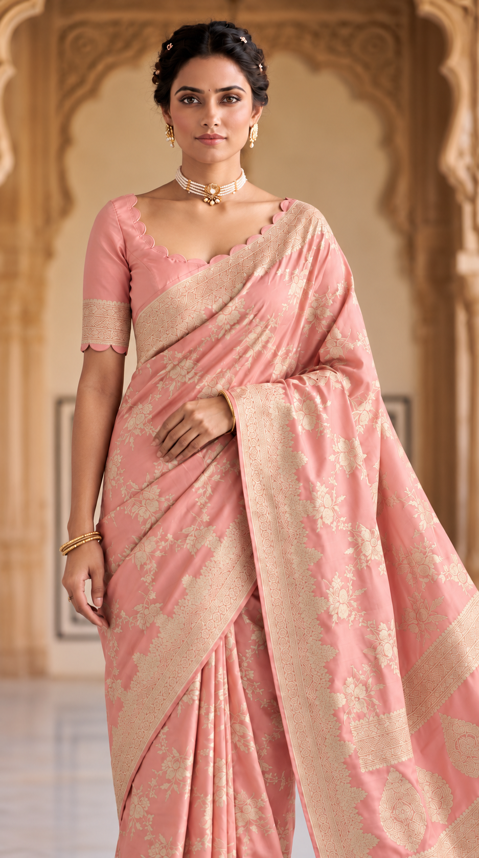 Blush Pink Banaras Satin Silk Saree