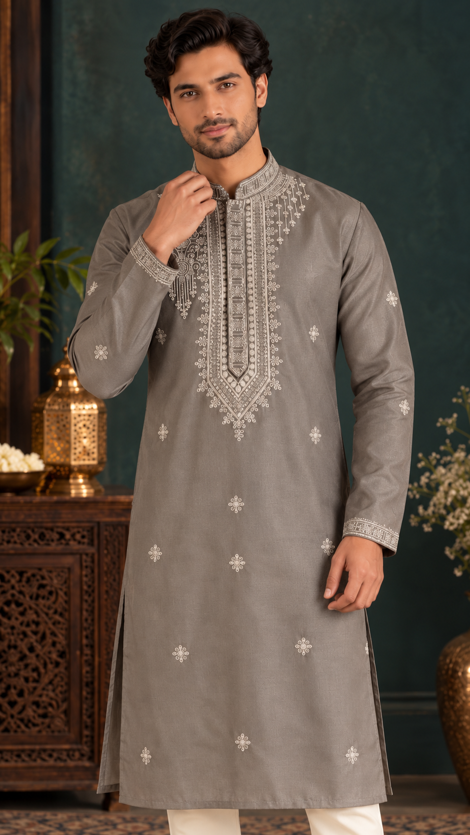 Grey Embroidered Kurta Set with White Trousers